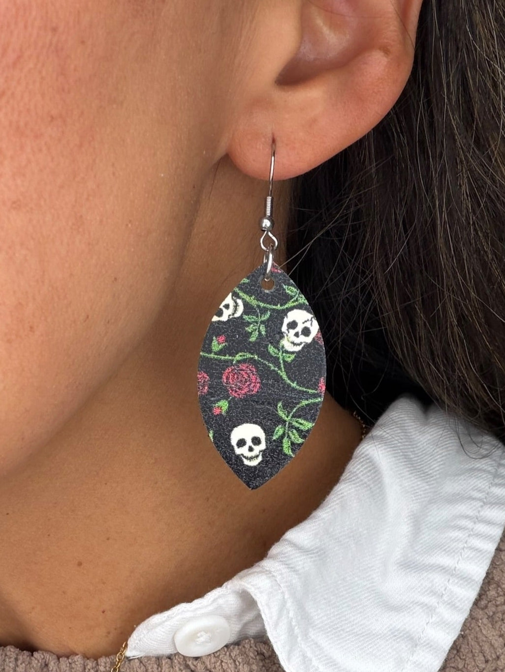 Skull and Rose Cork Mini Leaf Earrings