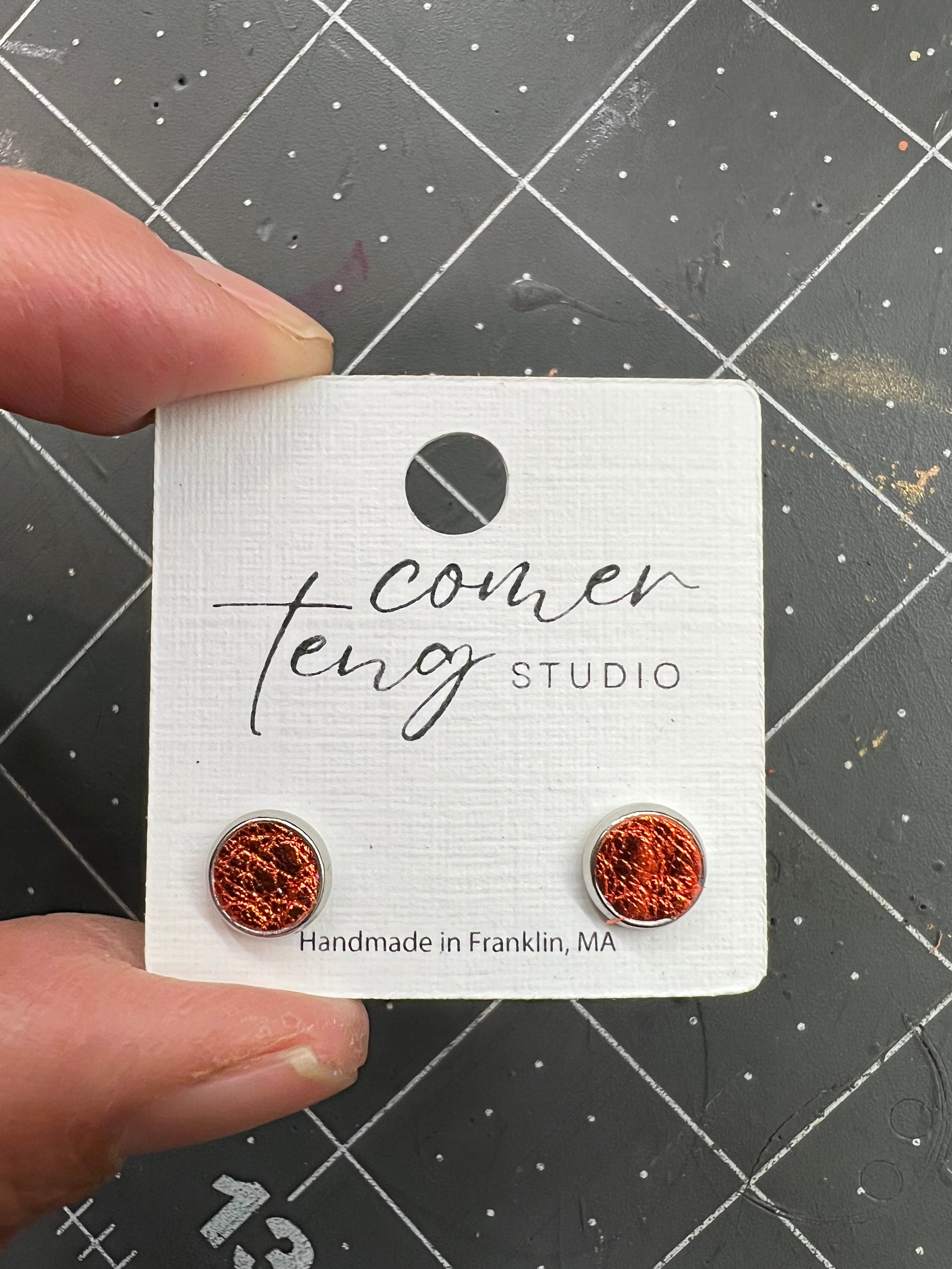 Mini Metallic Orange Leather Stud Earrings