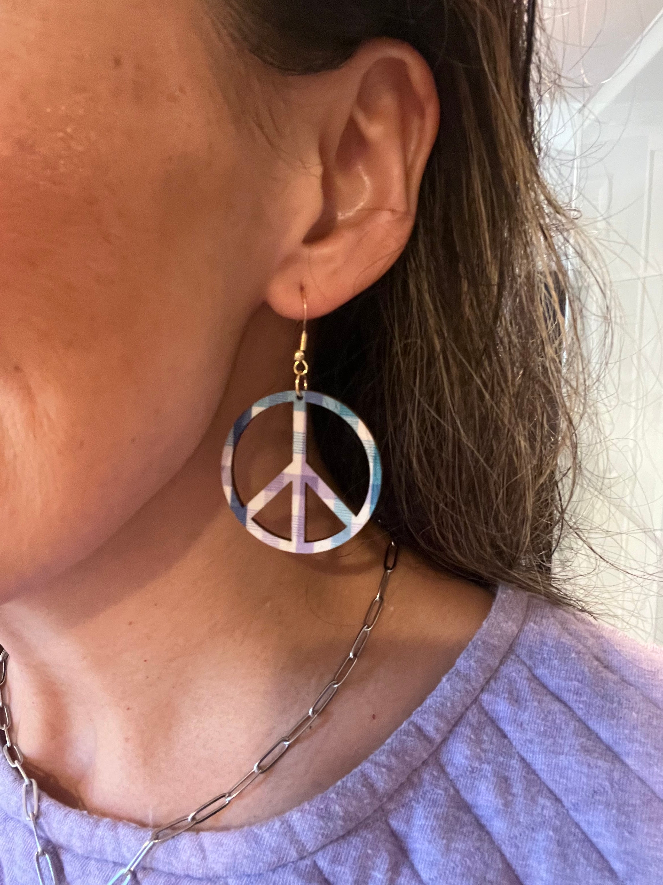 Upcycled Spring Plaid Peace Sign Earrings