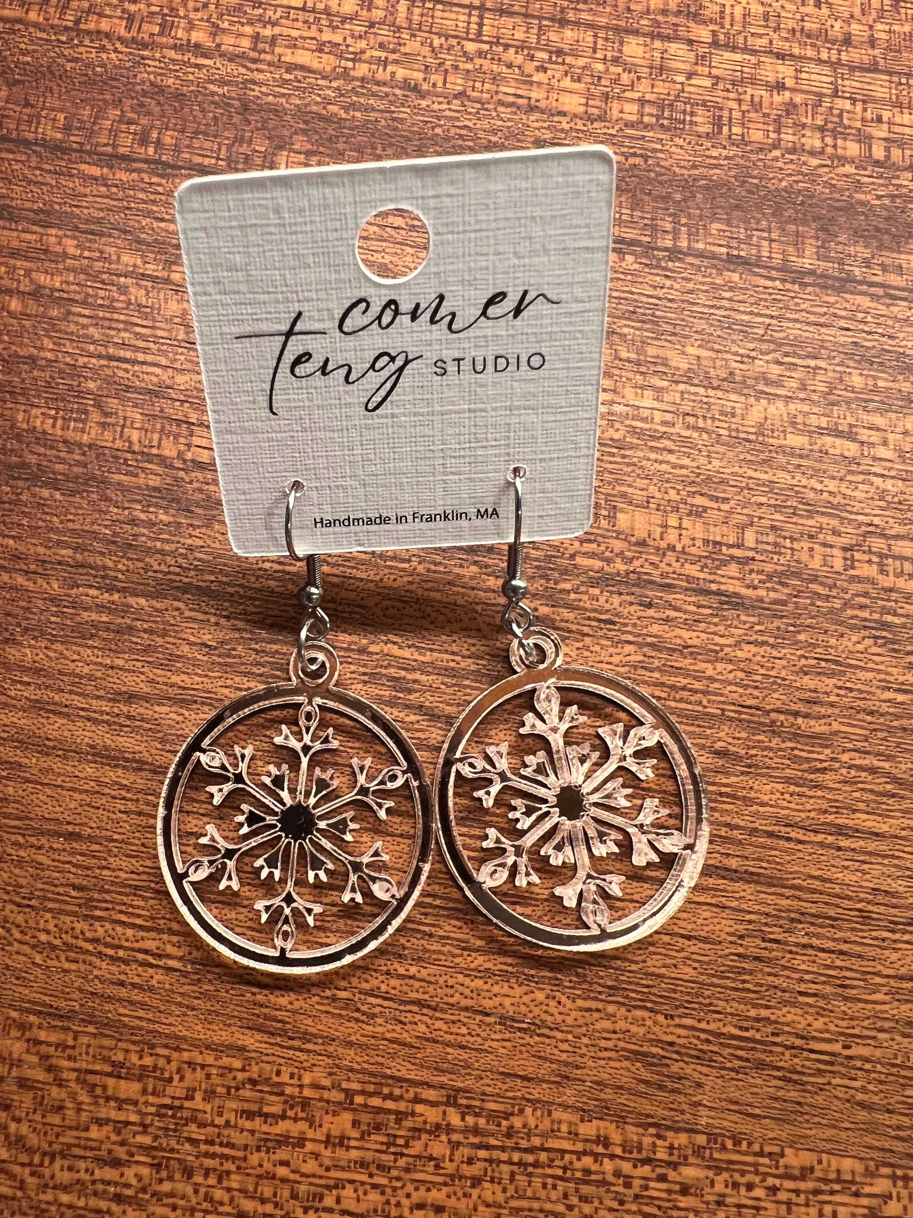 Rose Gold Shimmer Acrylic Snowflake Earrings