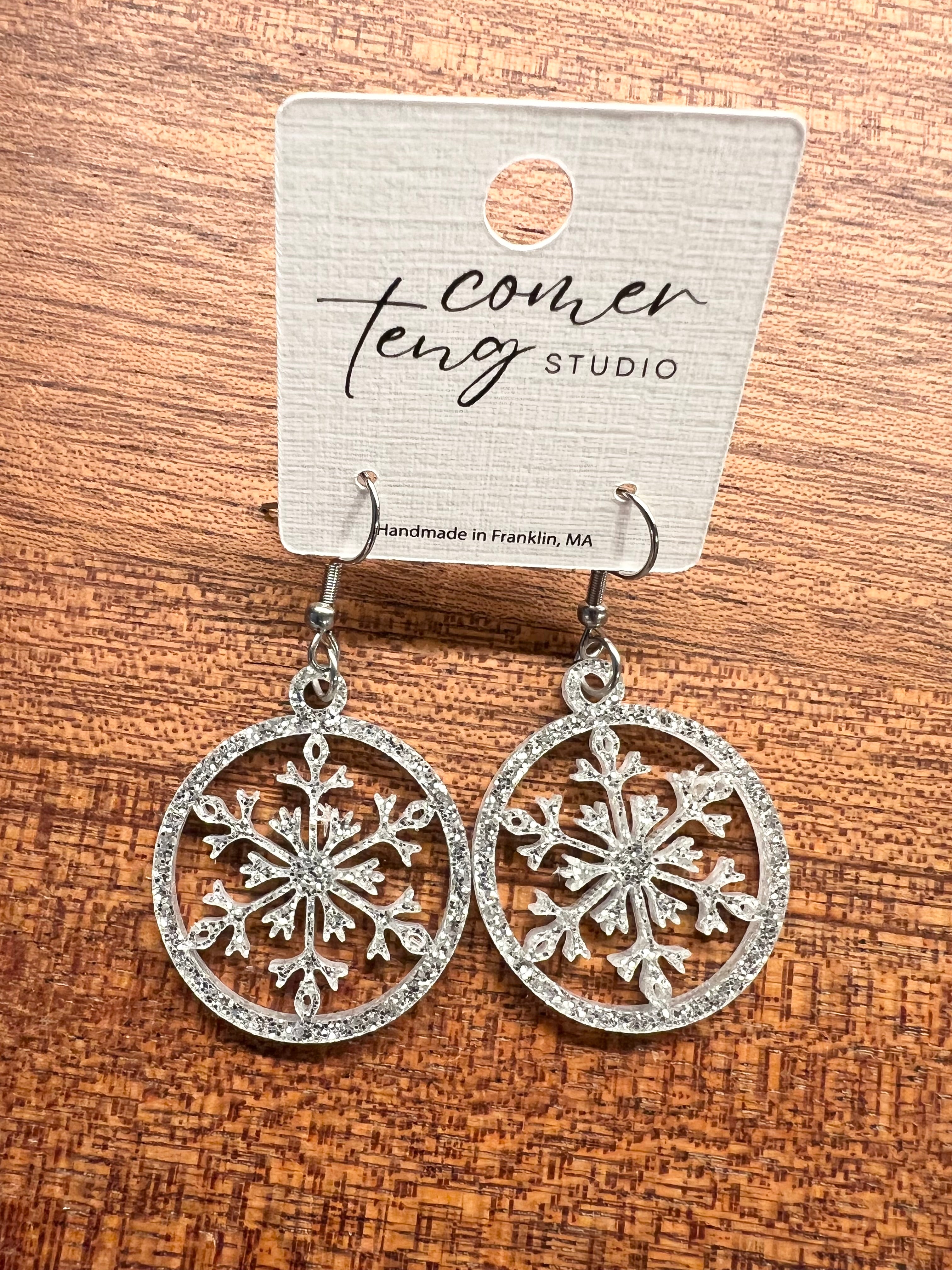 Silver Sparkle Acrylic Snowflake Earrings