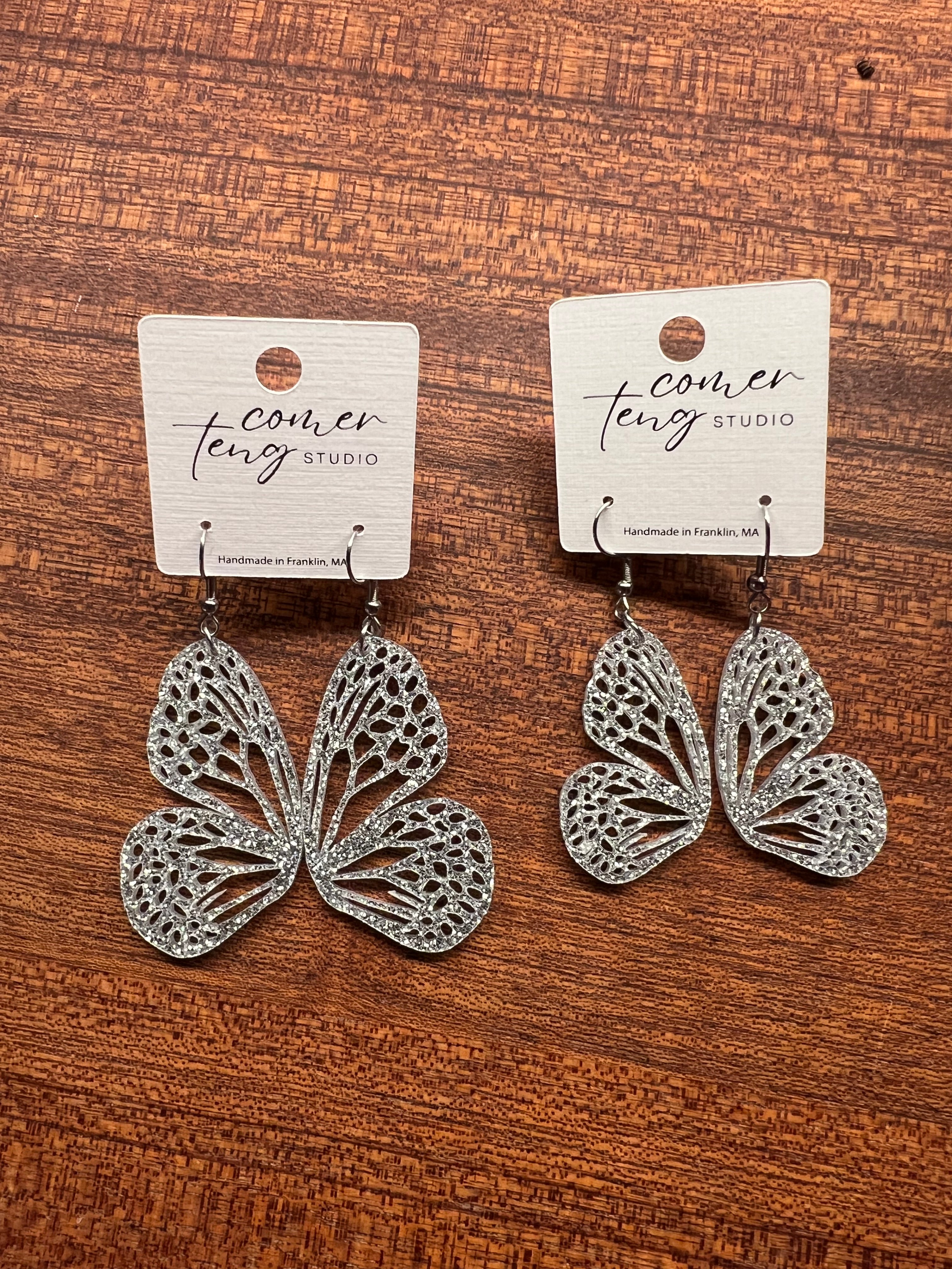 Winter Silver Sparkle Acrylic Butterfly Earrings