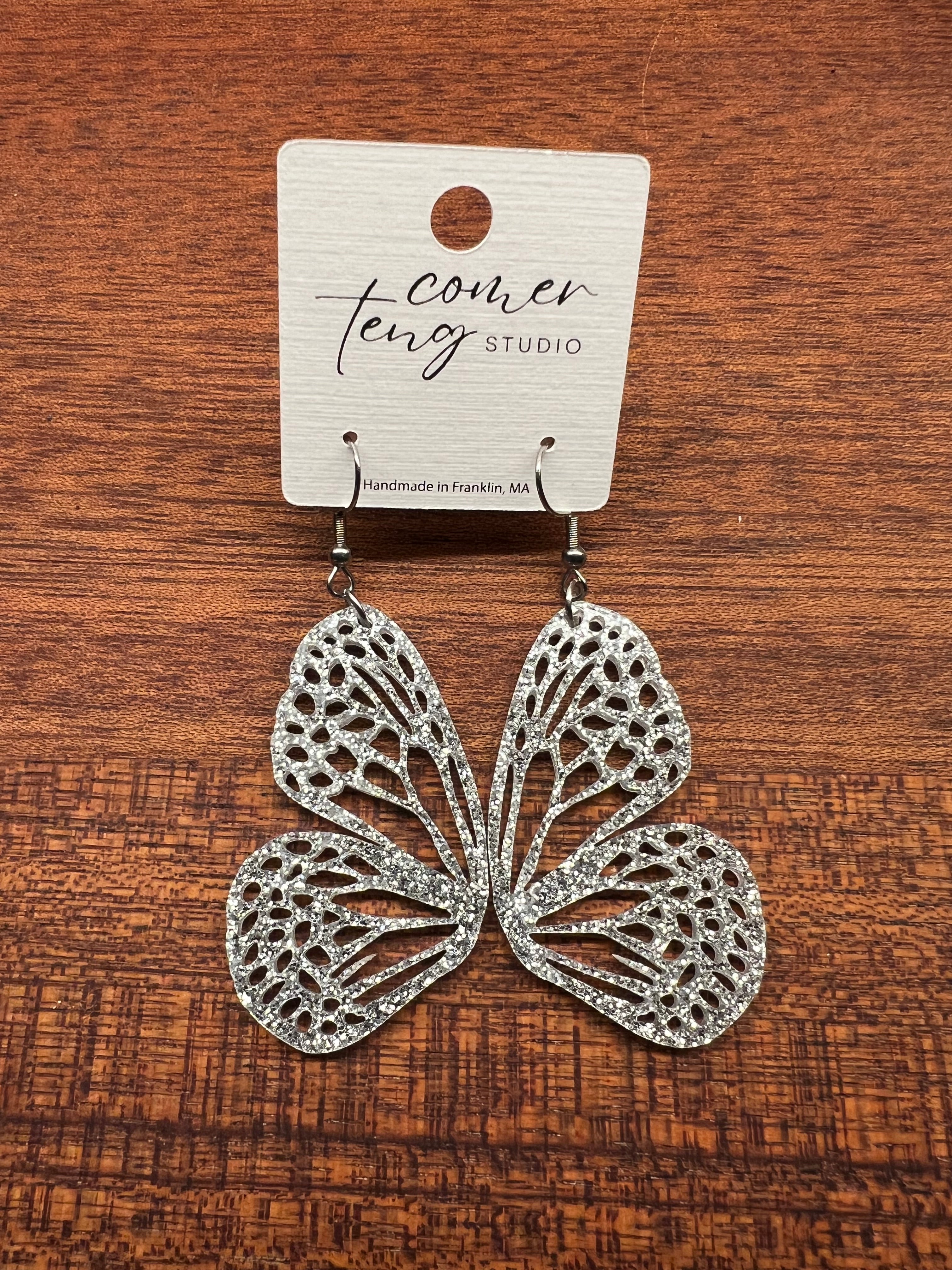 Winter Silver Sparkle Acrylic Butterfly Earrings