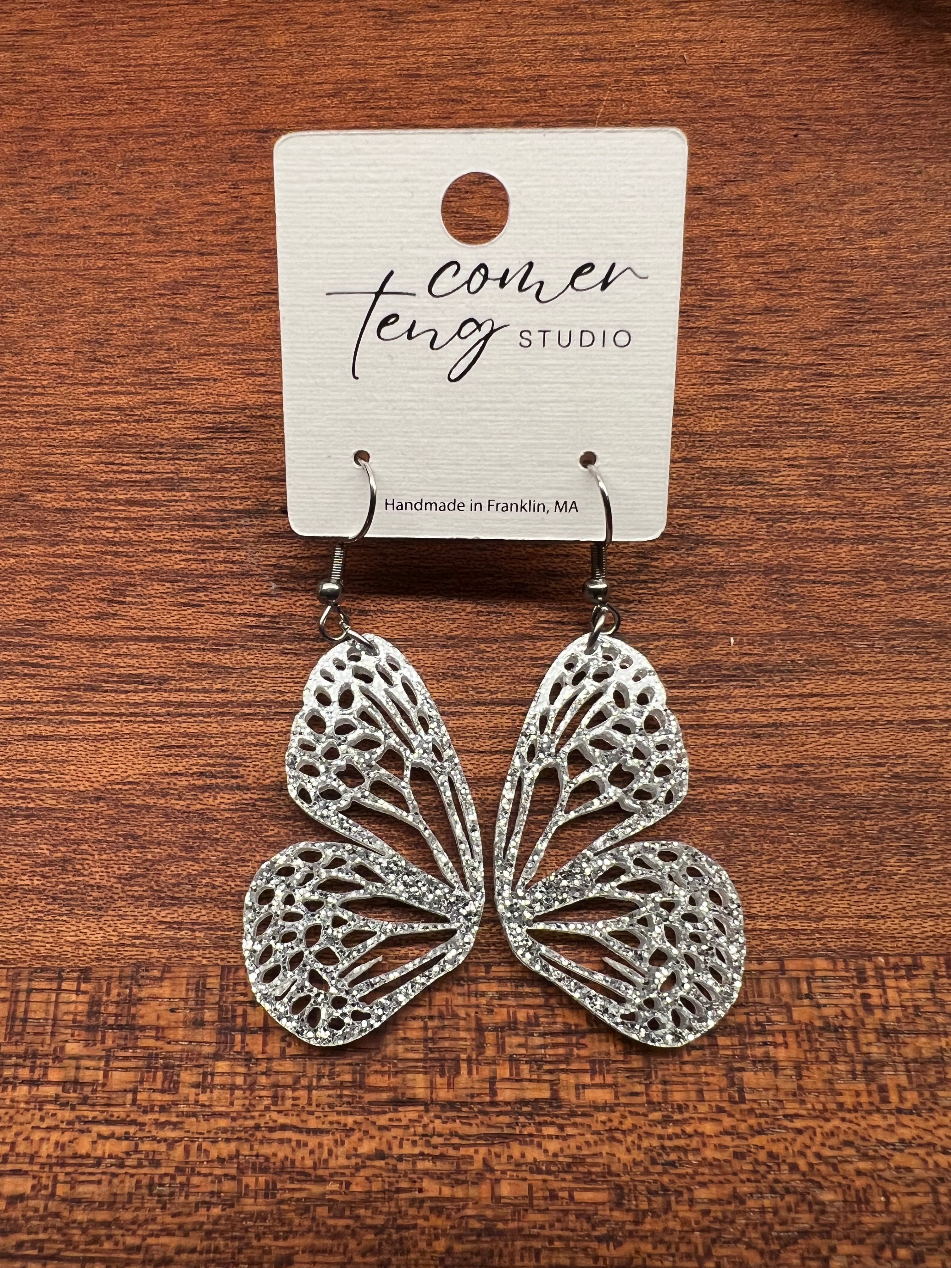 Winter Silver Sparkle Acrylic Butterfly Earrings