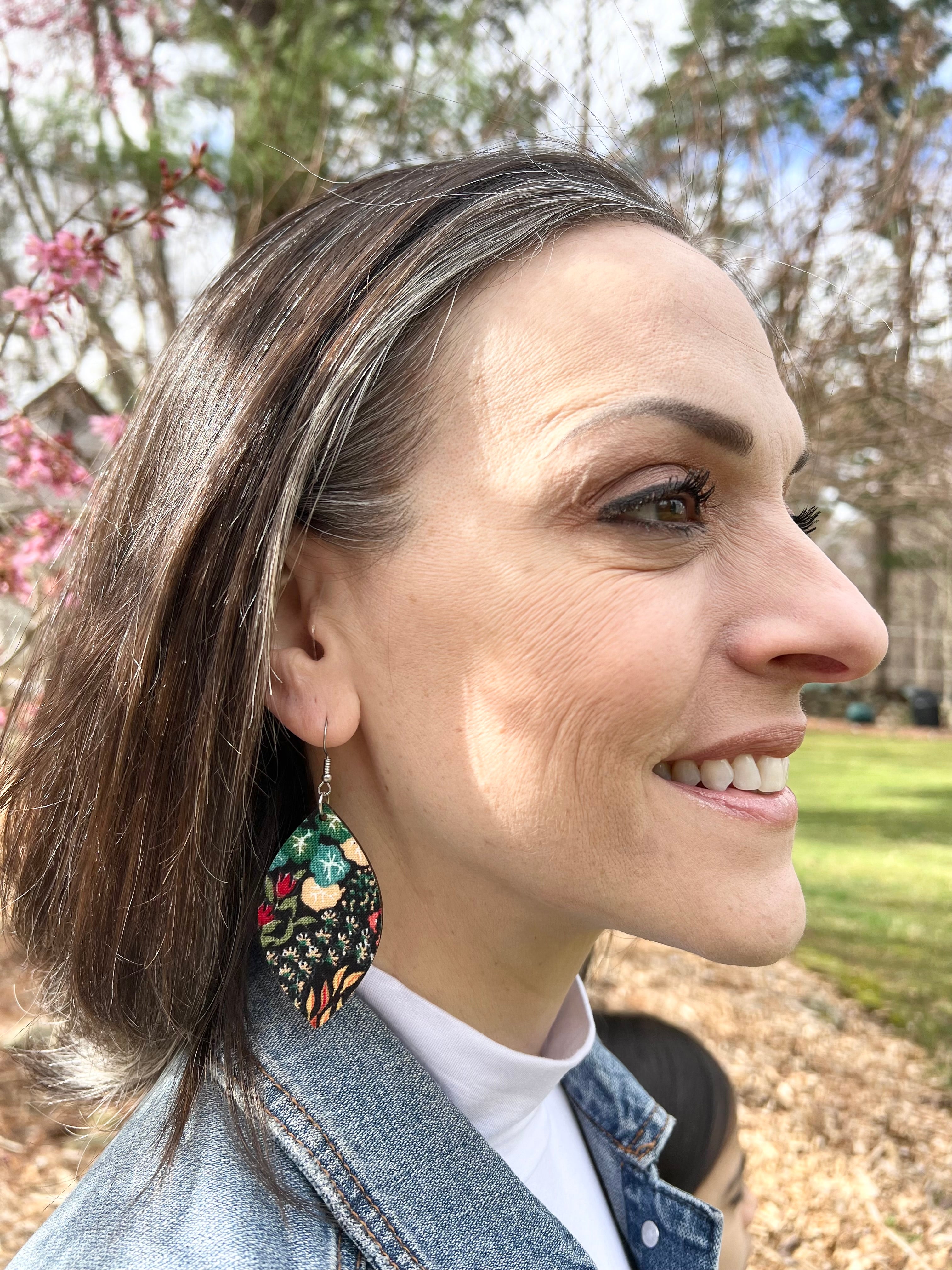 Upcycled Black Background Floral Leaf Earrings