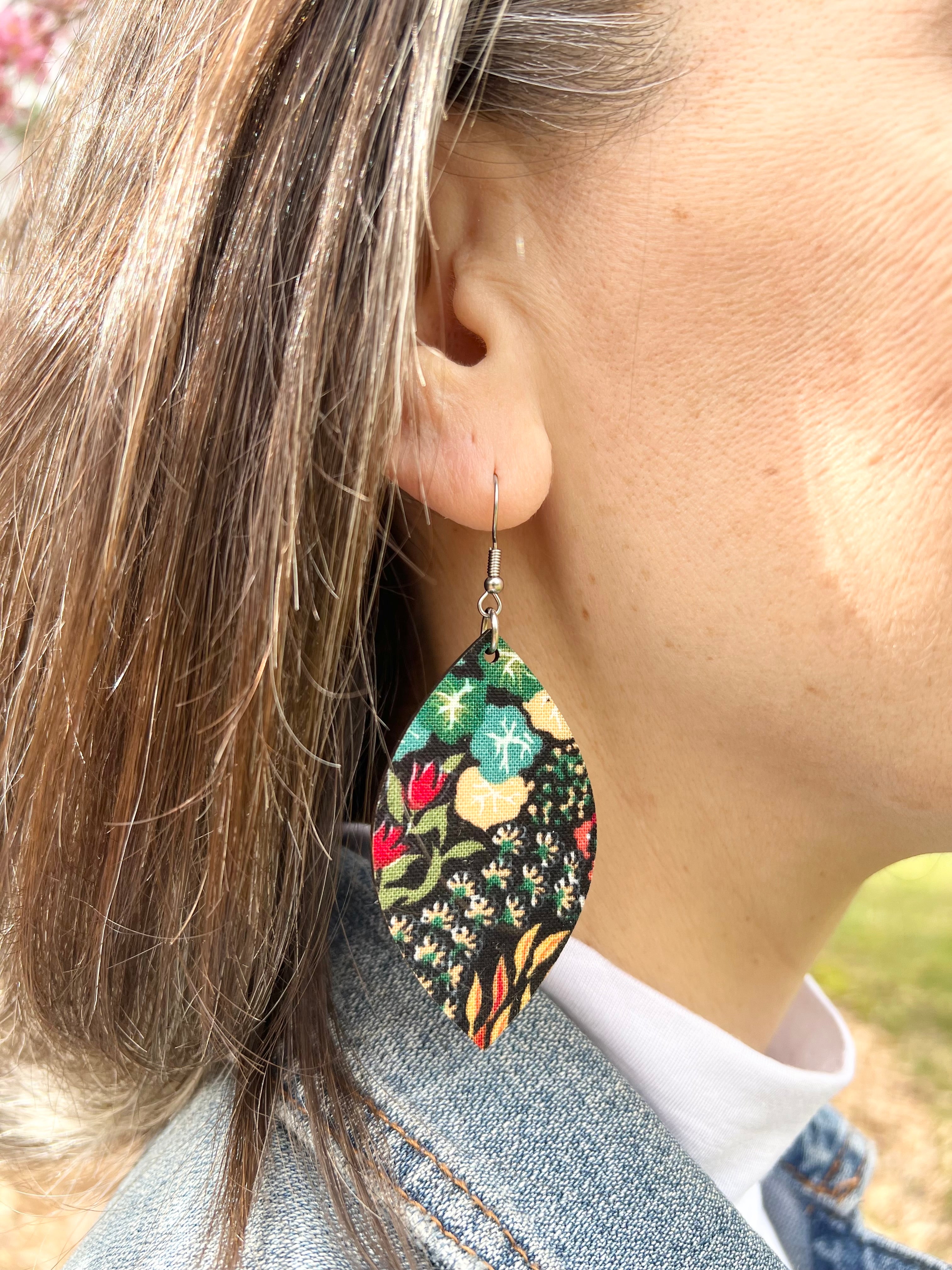 Upcycled Black Background Floral Leaf Earrings