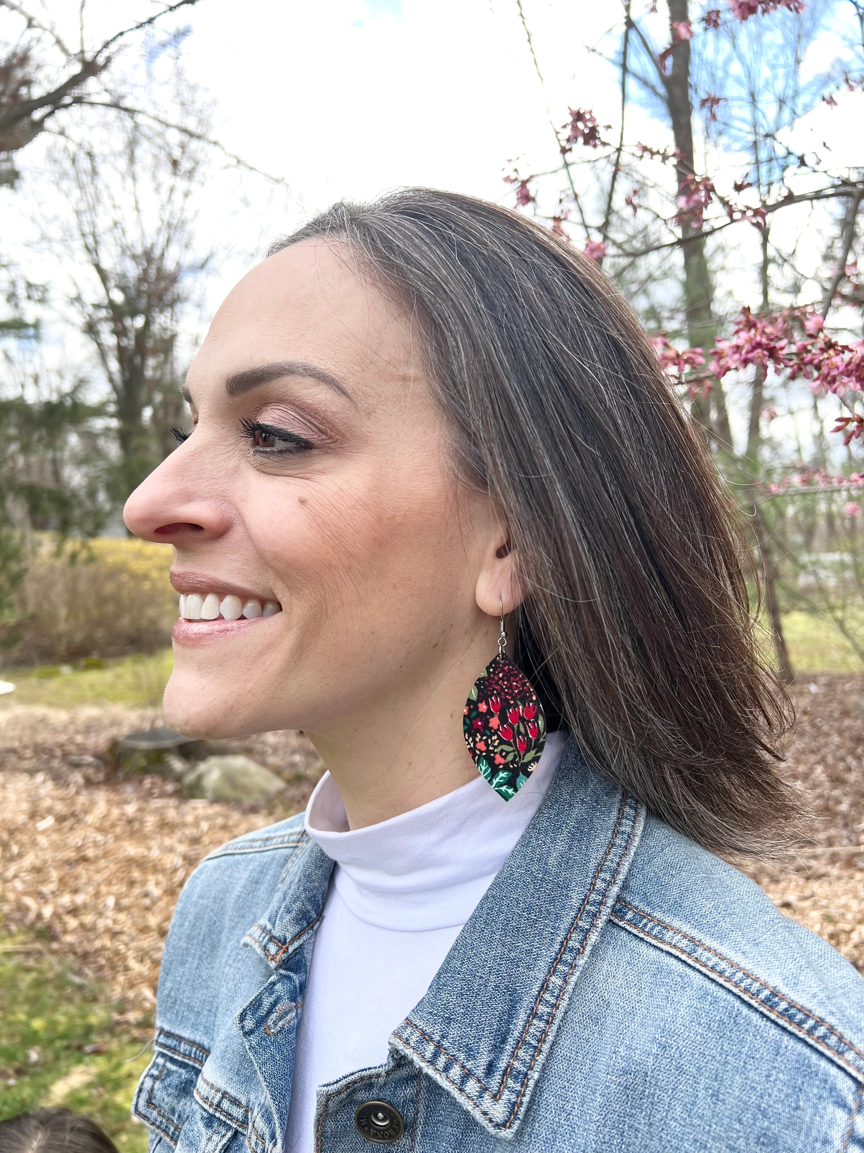 Upcycled Black Background Floral Leaf Earrings