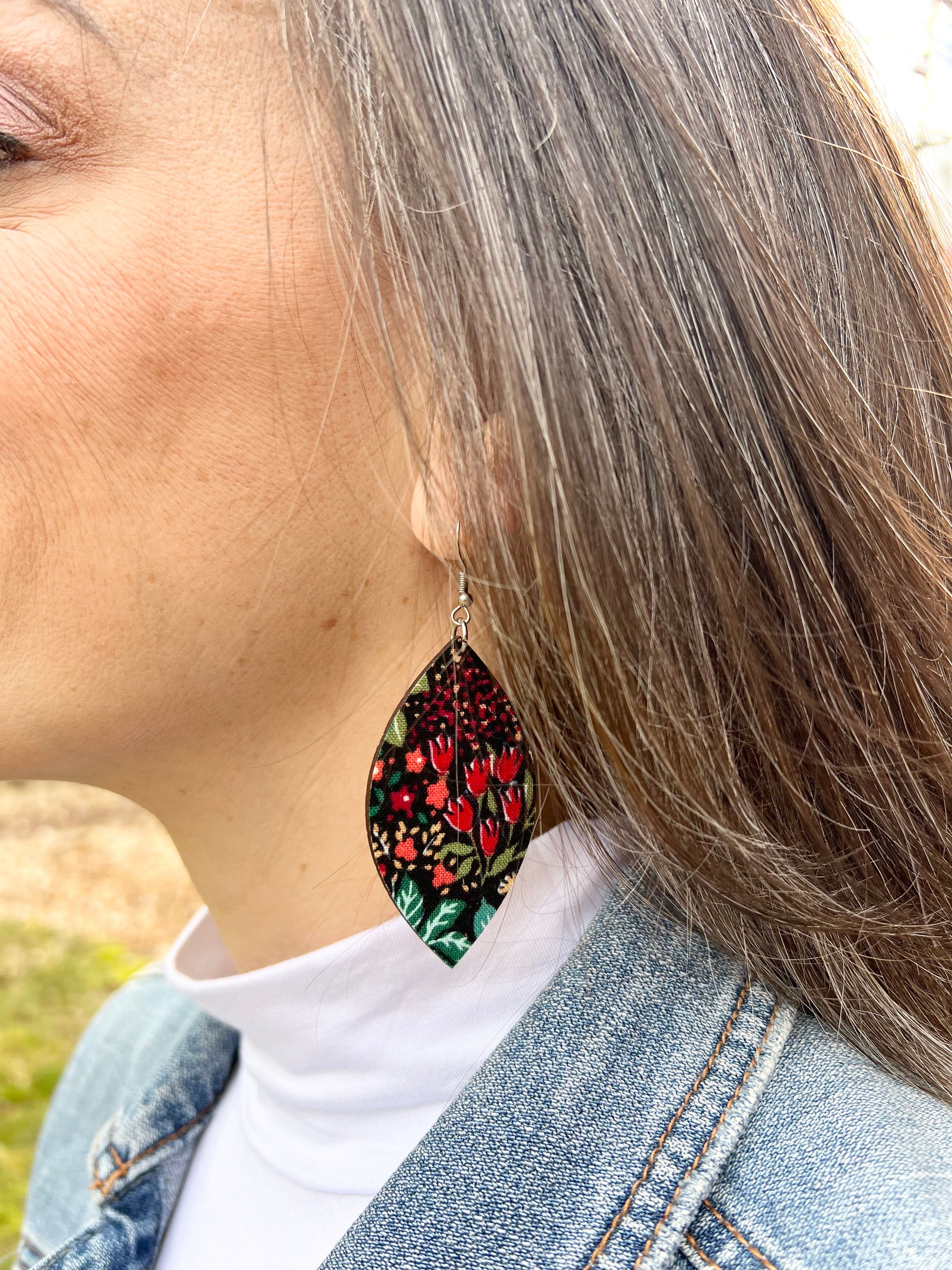 Upcycled Black Background Floral Leaf Earrings