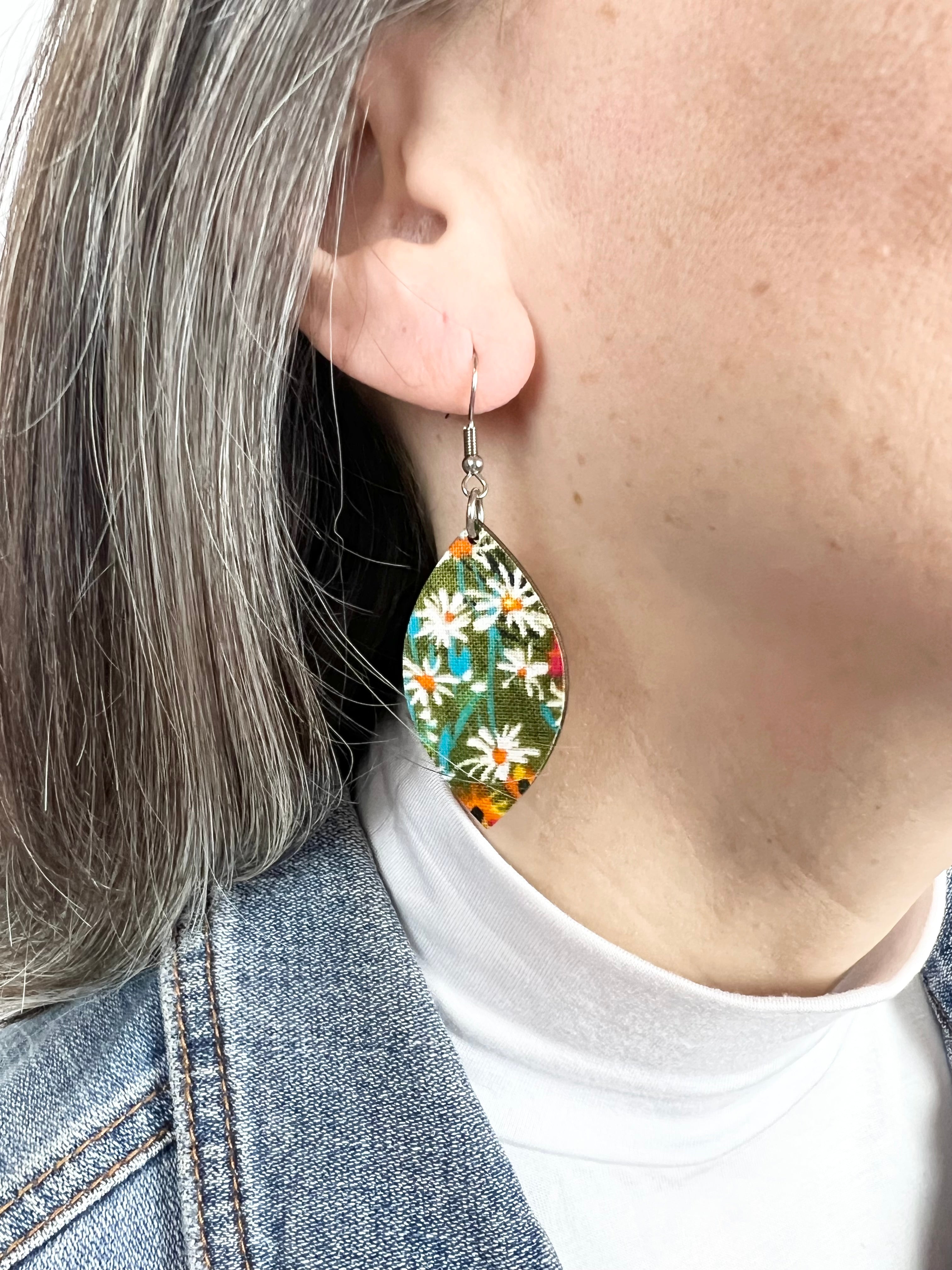 Upcycled Green Background Floral Leaf Earrings