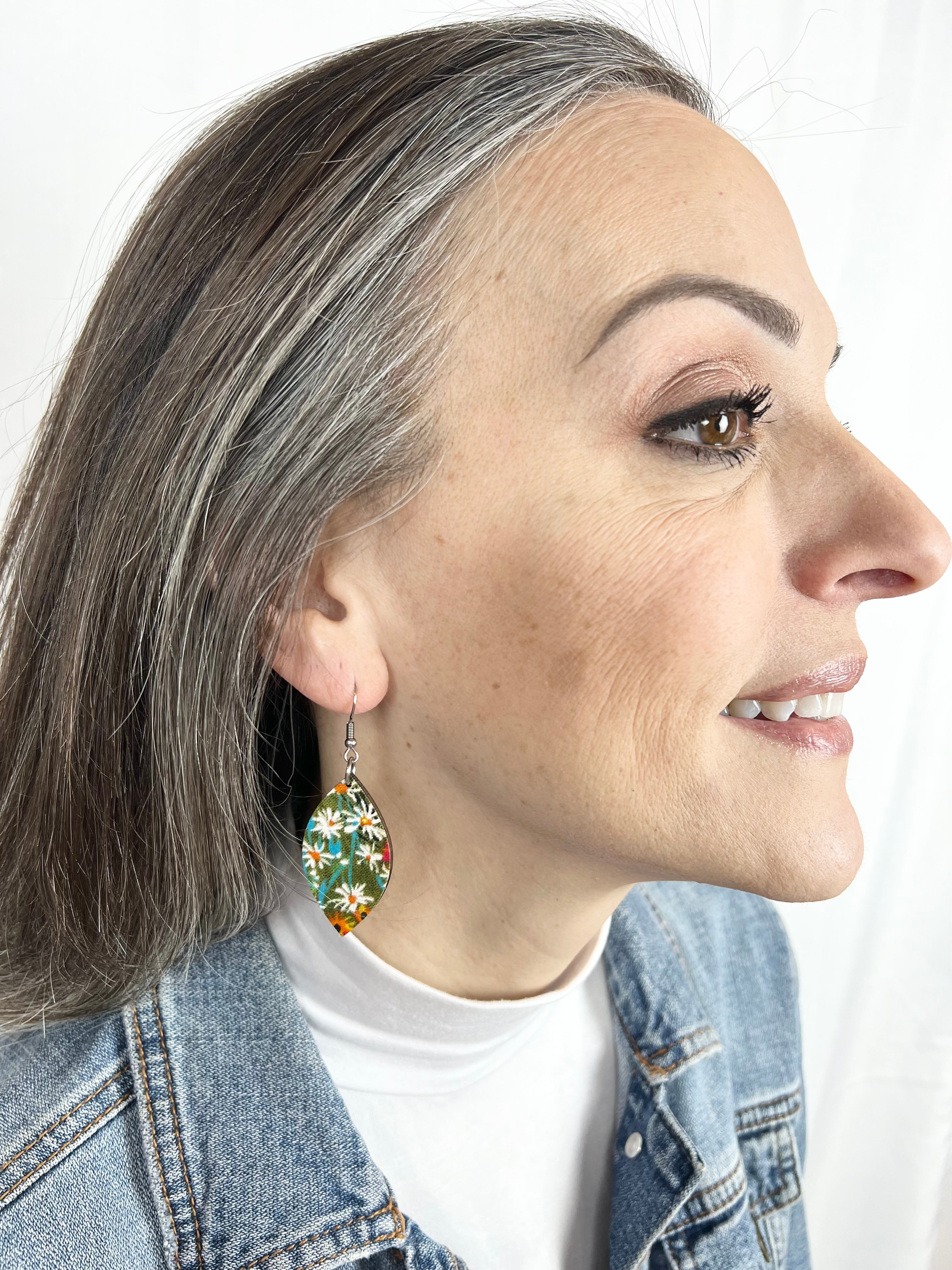 Upcycled Green Background Floral Leaf Earrings