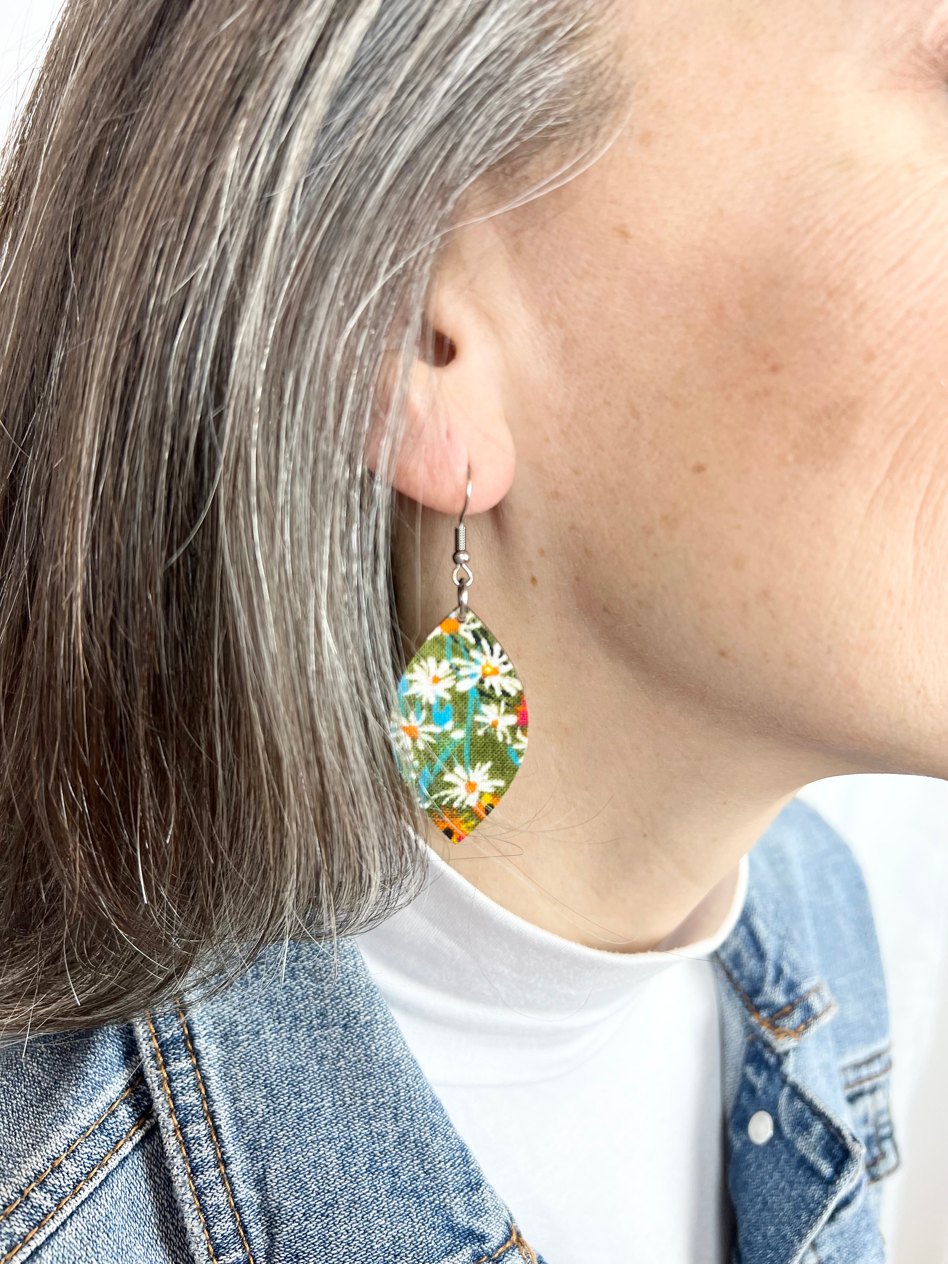 Upcycled Green Background Floral Leaf Earrings