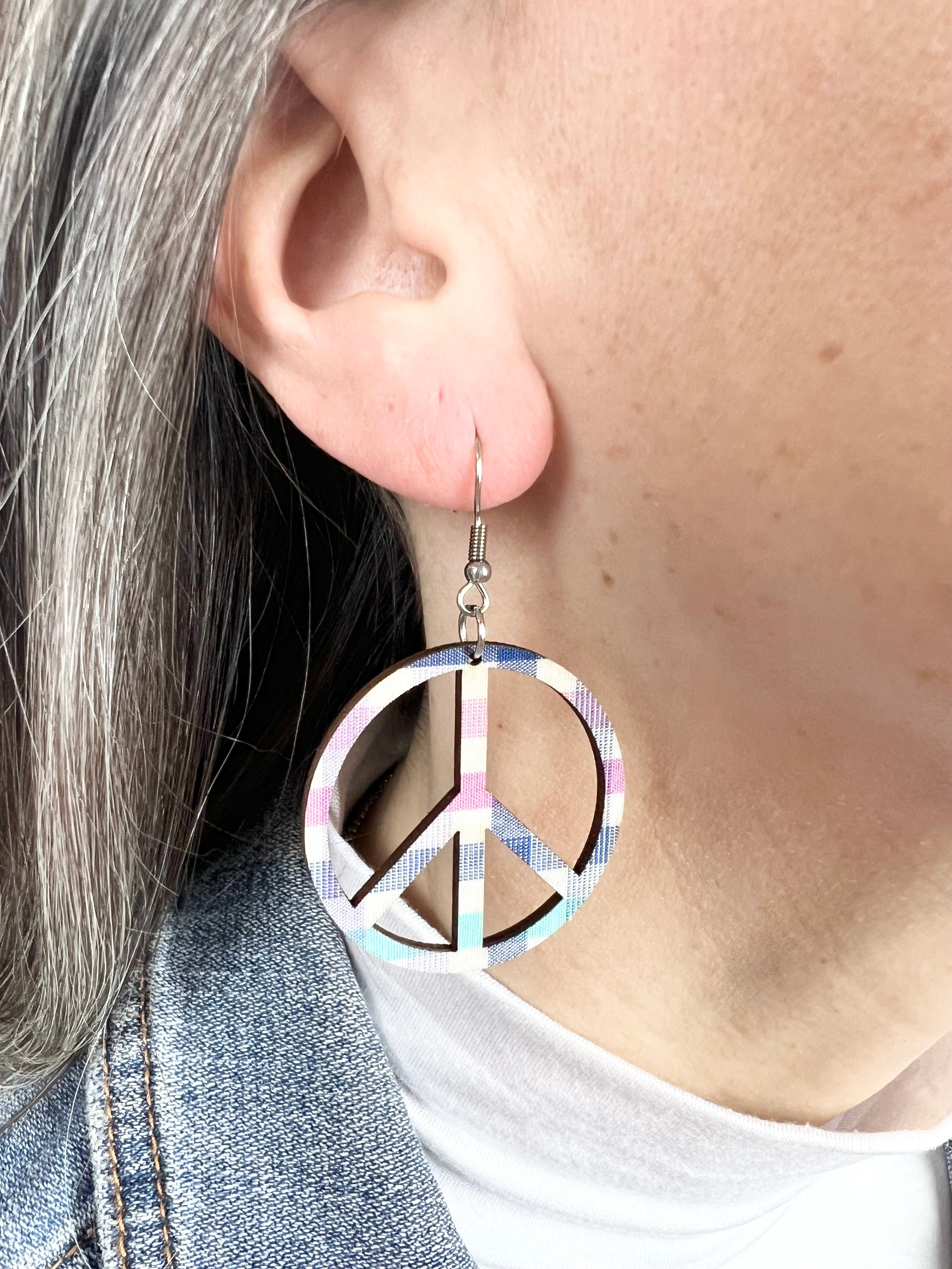 Upcycled Spring Plaid Peace Sign Earrings