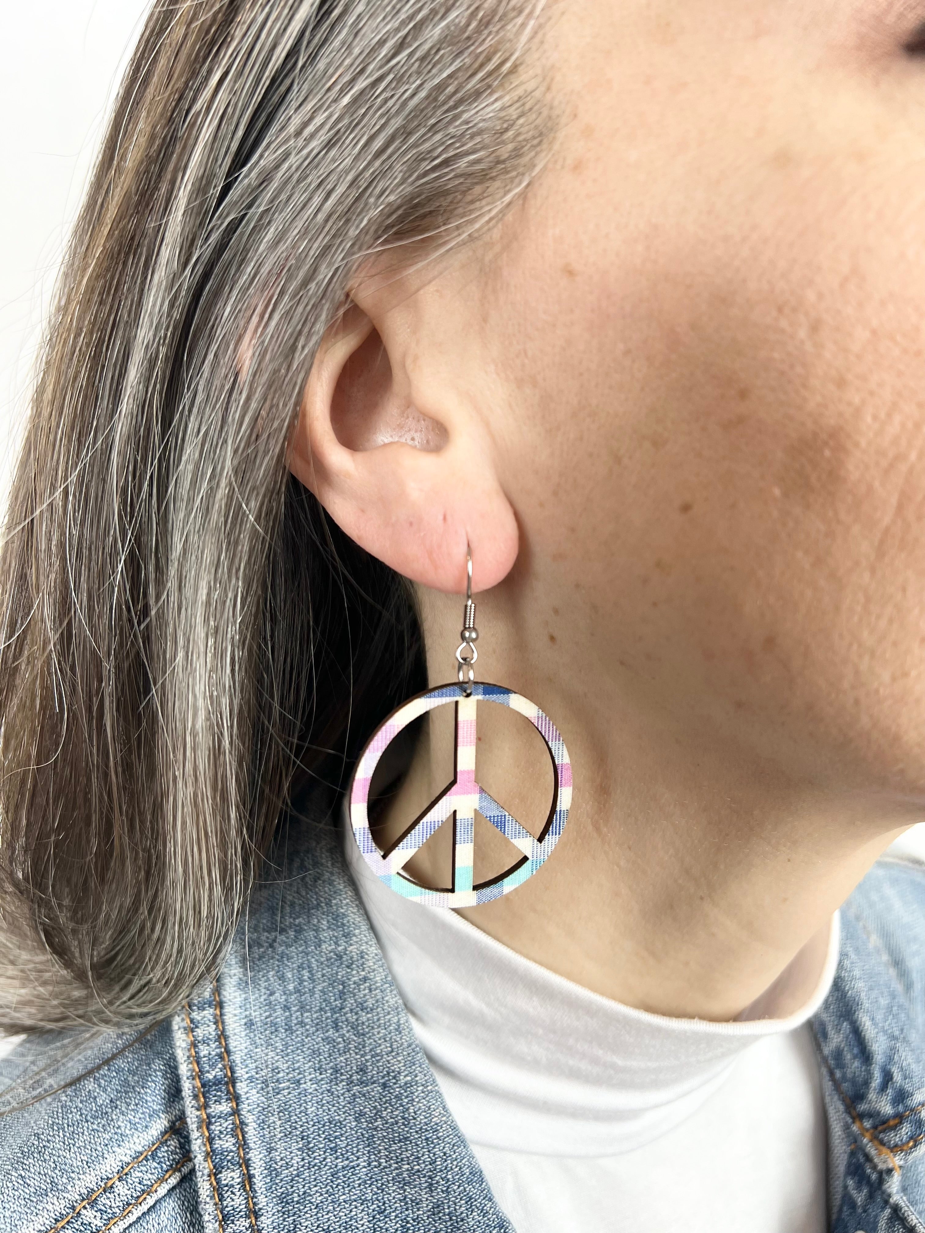 Upcycled Spring Plaid Peace Sign Earrings