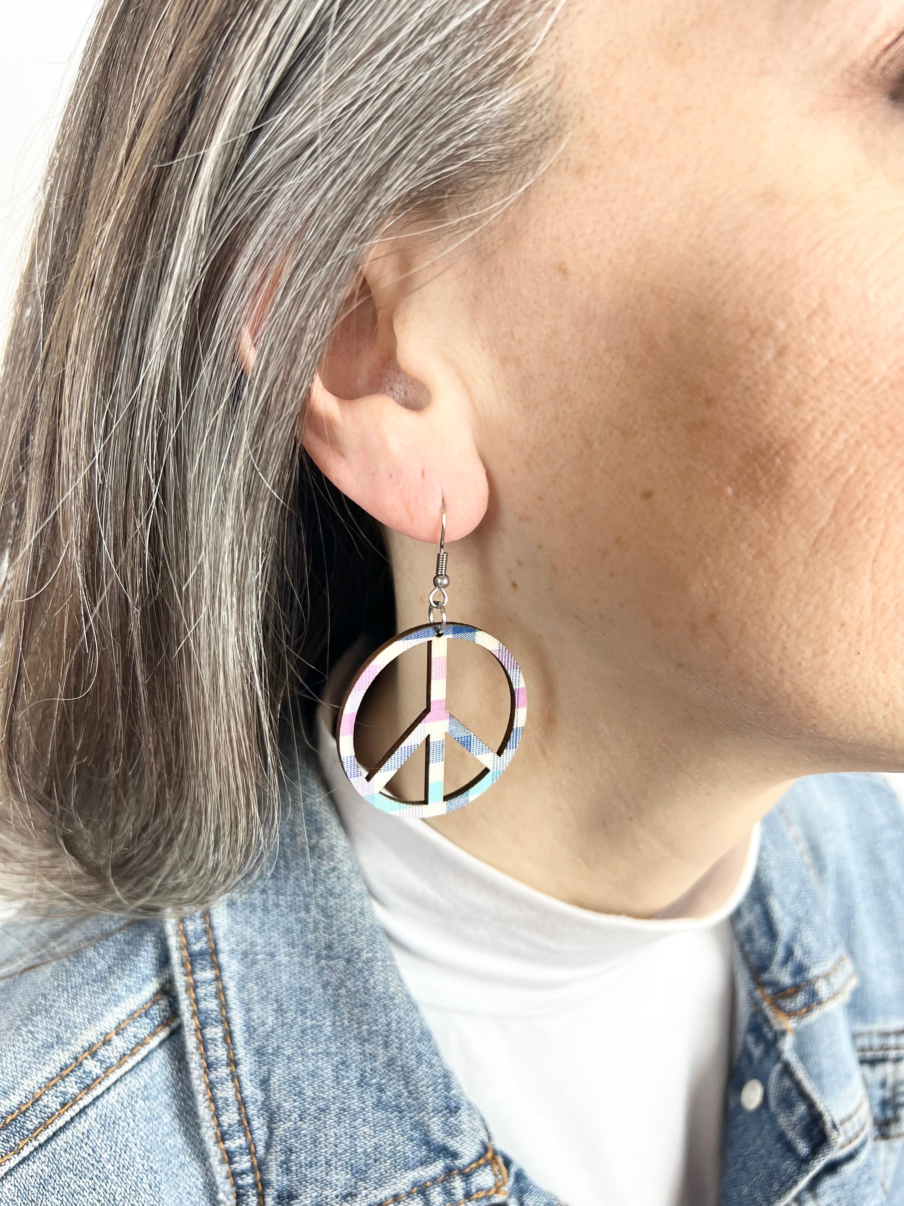 Upcycled Spring Plaid Peace Sign Earrings