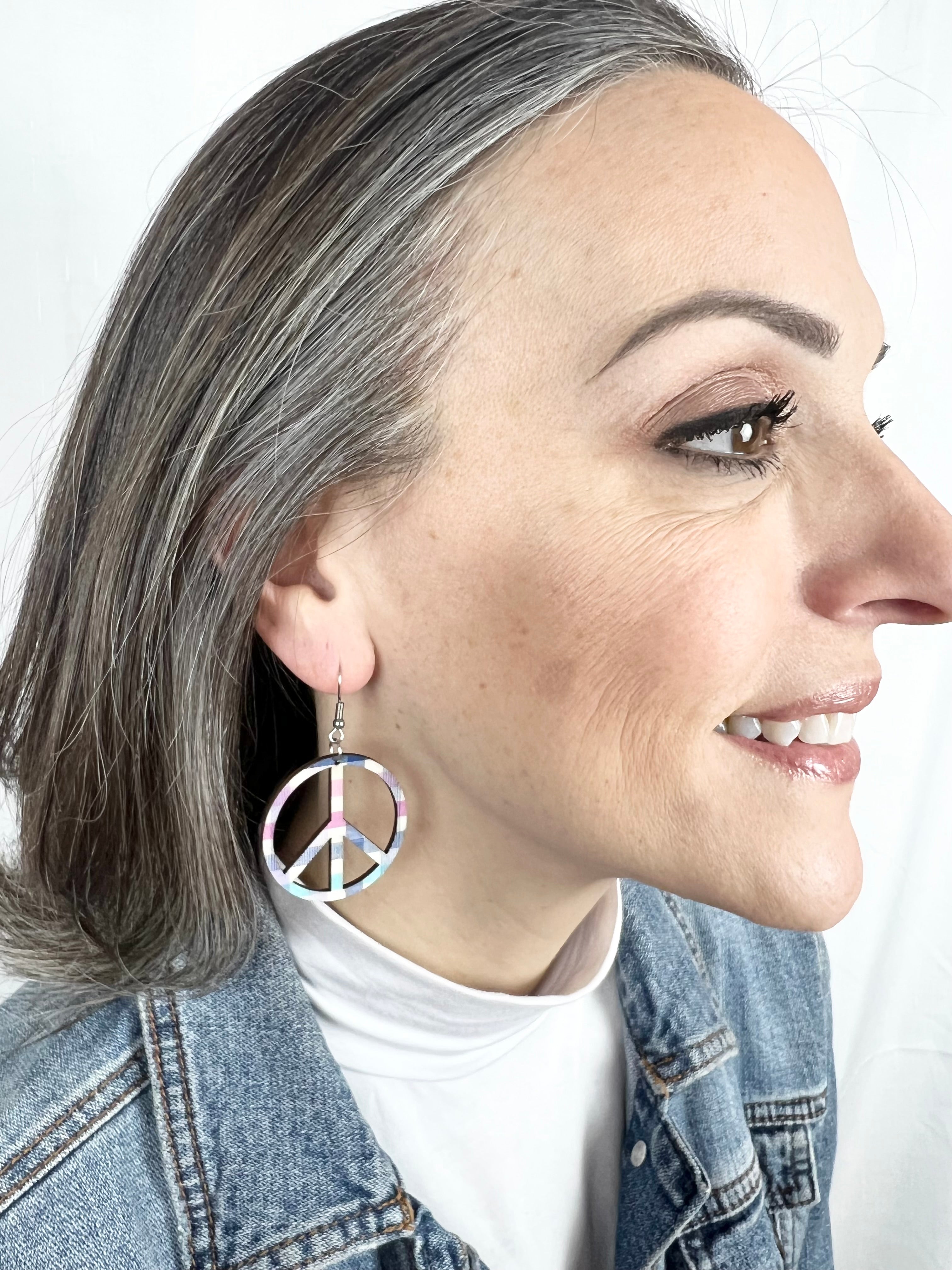 Upcycled Spring Plaid Peace Sign Earrings