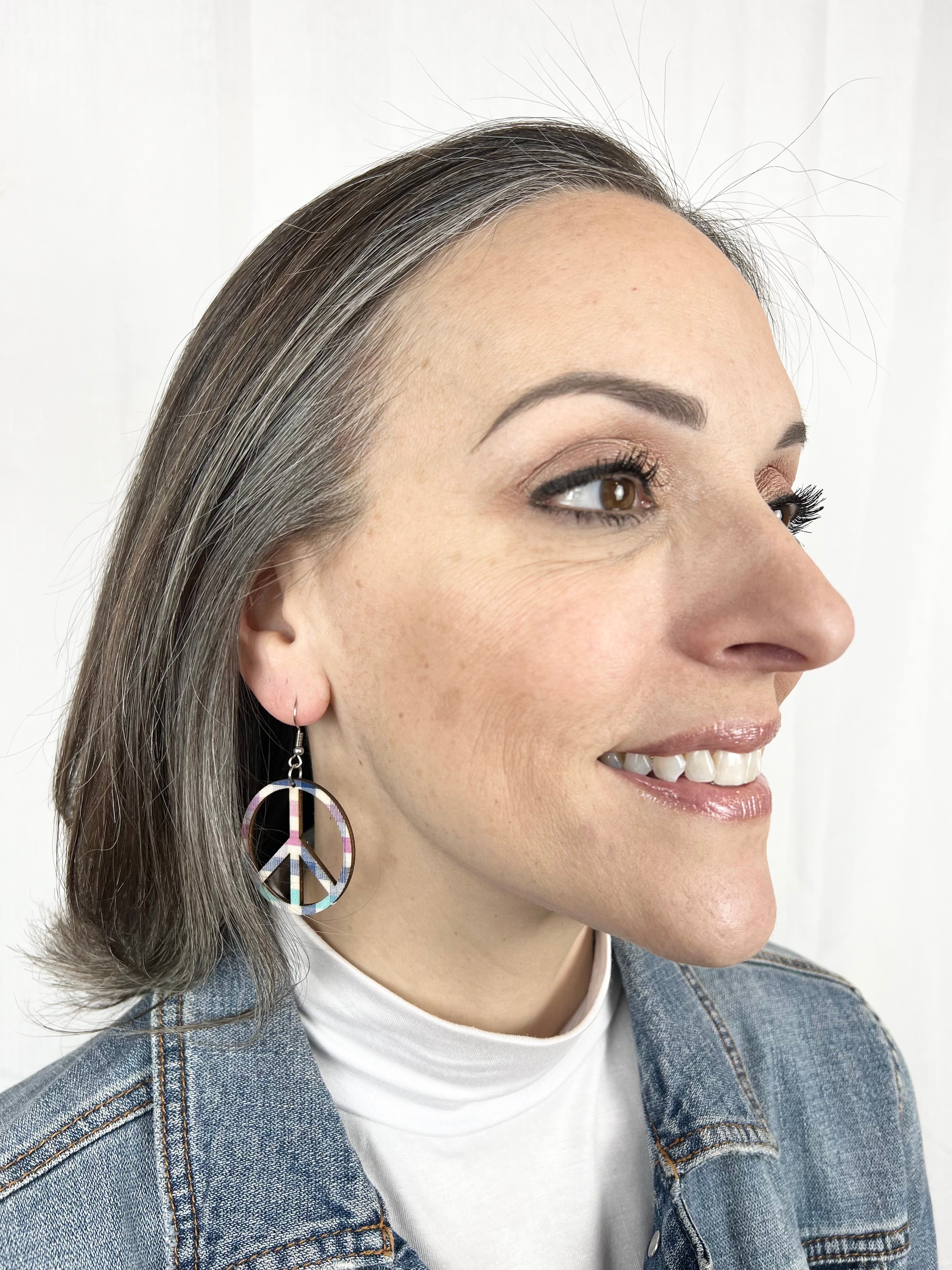 Upcycled Spring Plaid Peace Sign Earrings