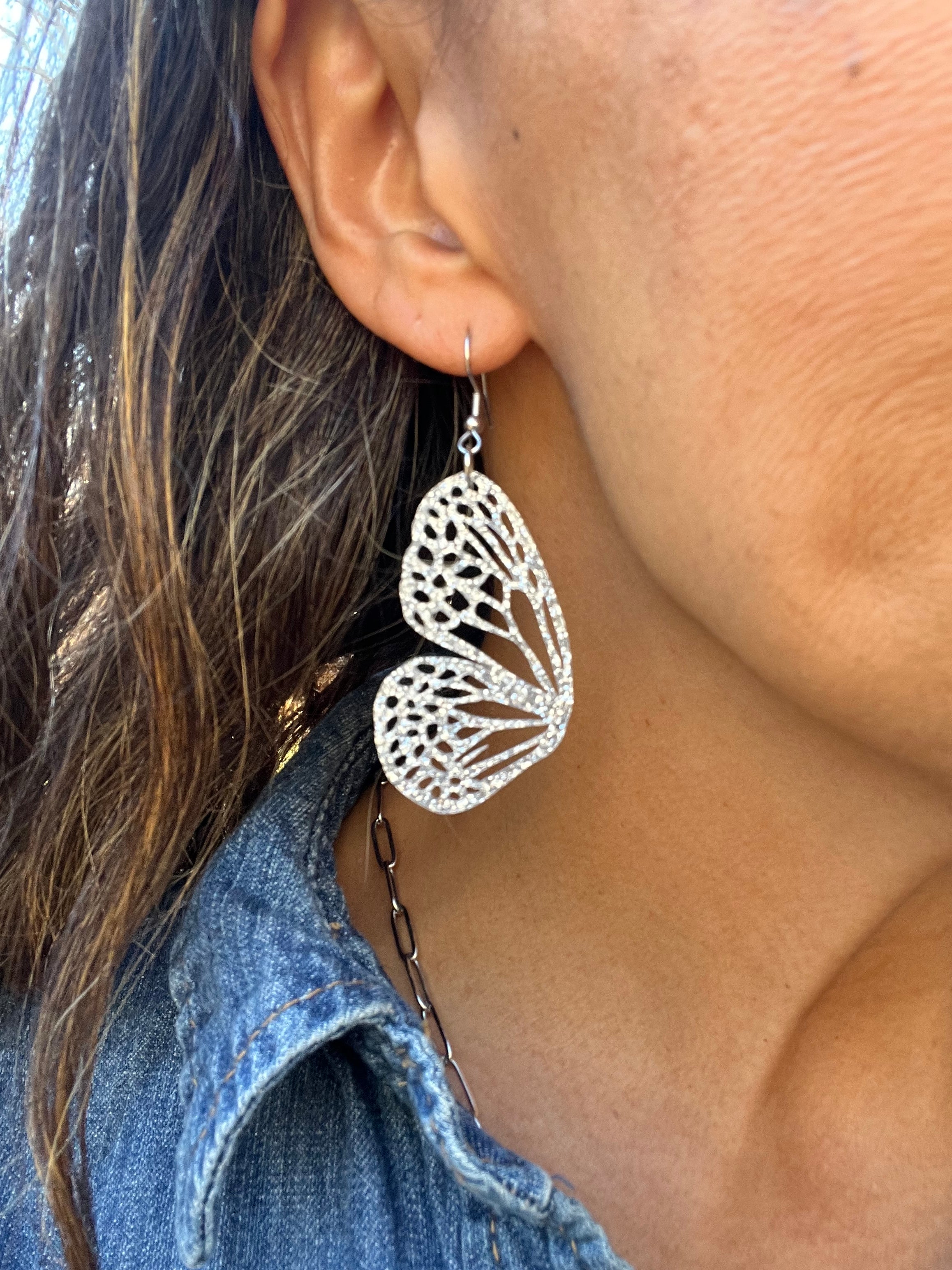 Winter Silver Sparkle Acrylic Butterfly Earrings