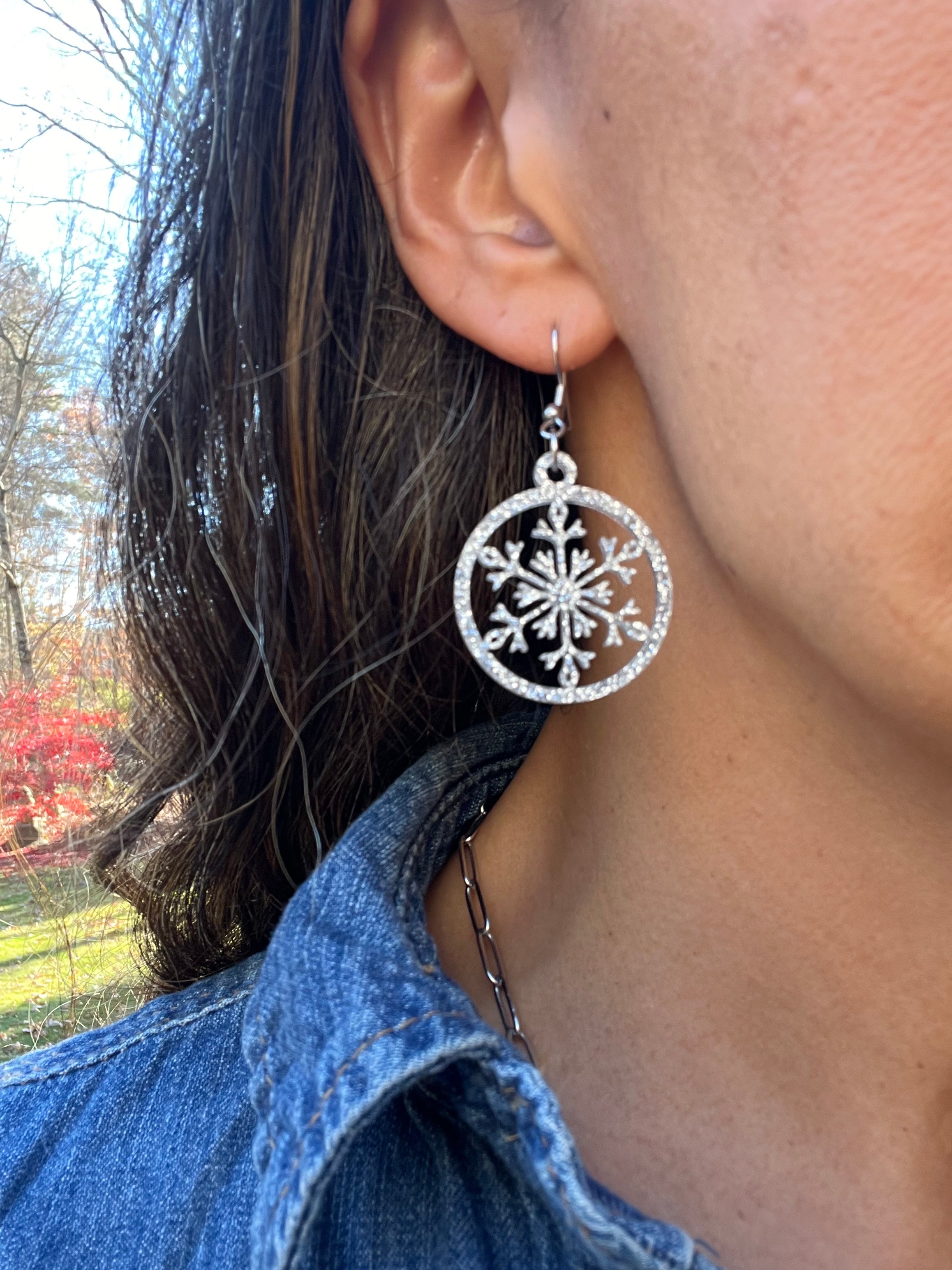 Silver Sparkle Acrylic Snowflake Earrings