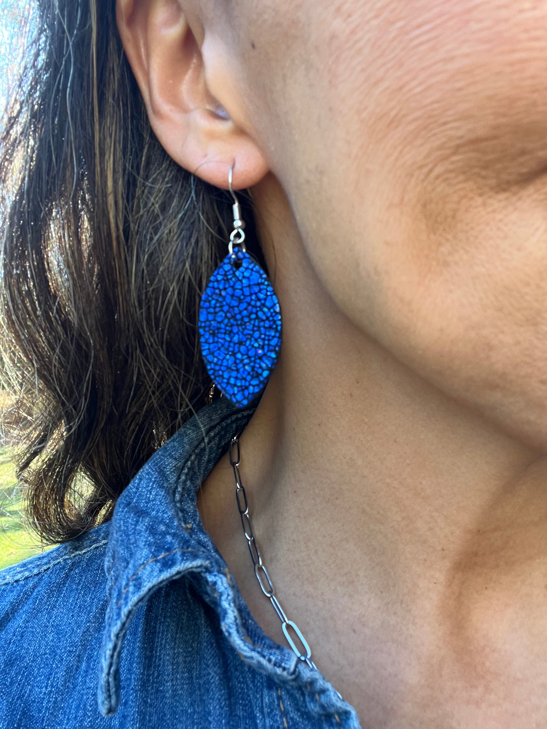 Blue Shimmer Leather Earrings Collection