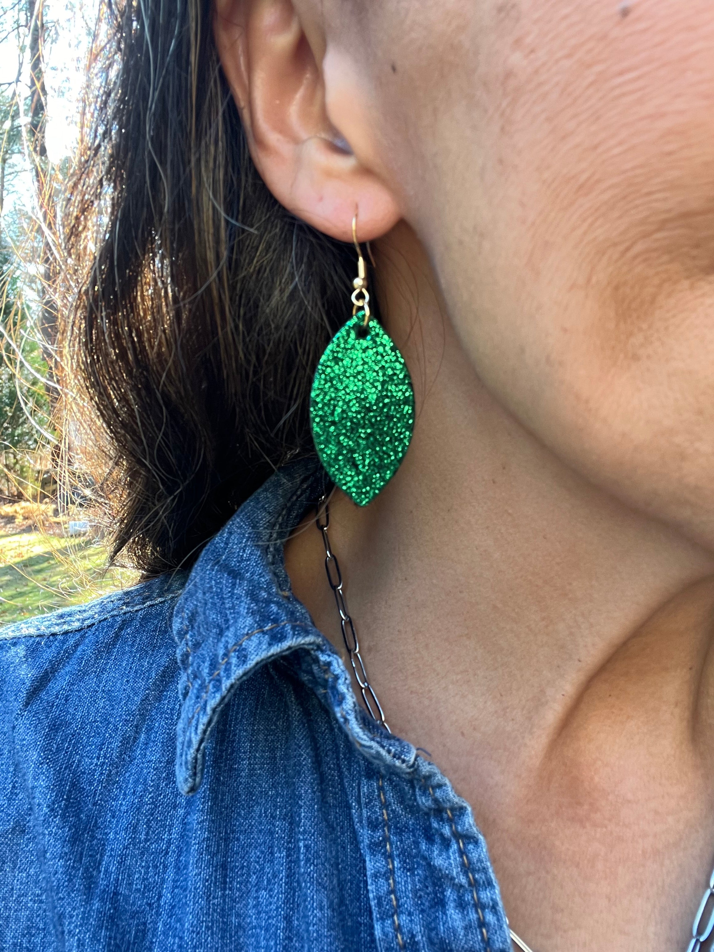 Green Shimmer Leather Earrings Collection