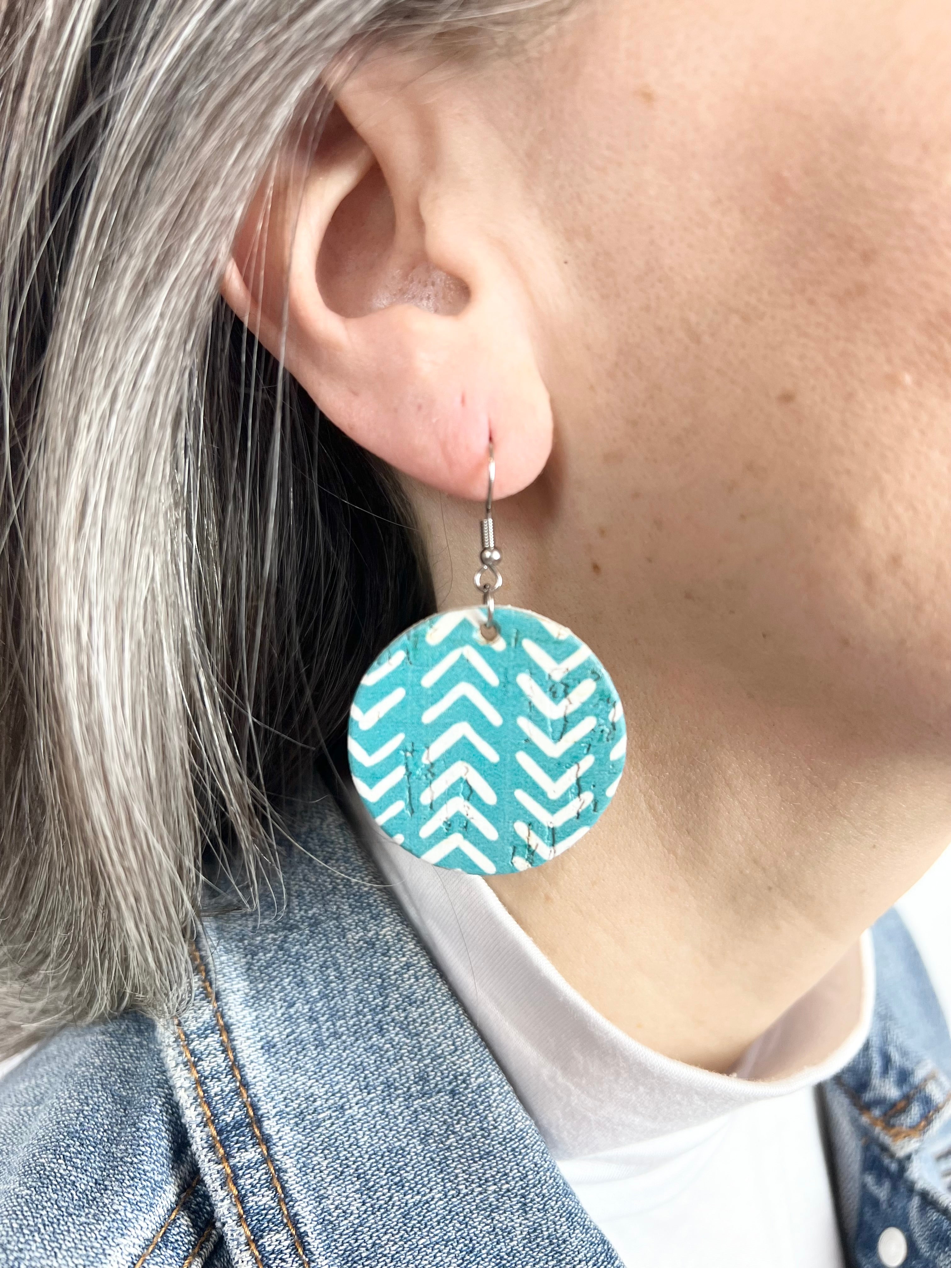 Turquoise and White Chevron Cork Earrings