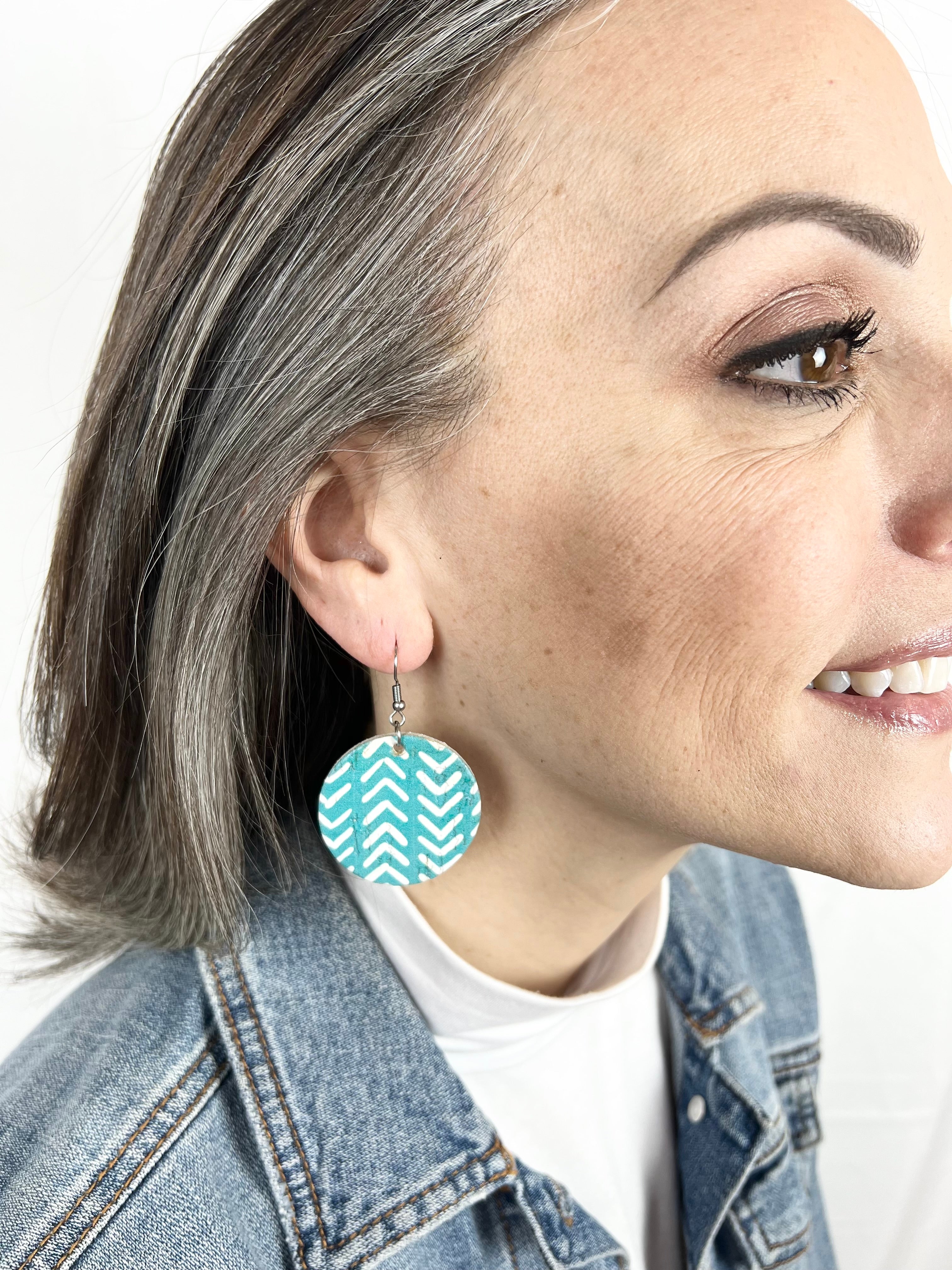 Turquoise and White Chevron Cork Earrings