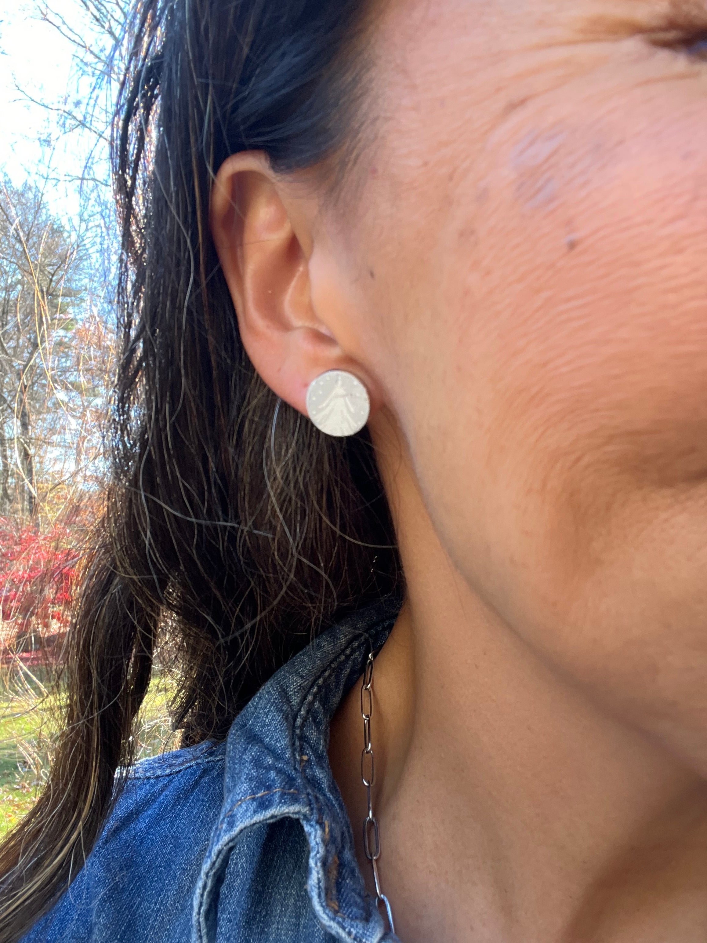 Large Light Grey Stud Earrings with White Pine Tree