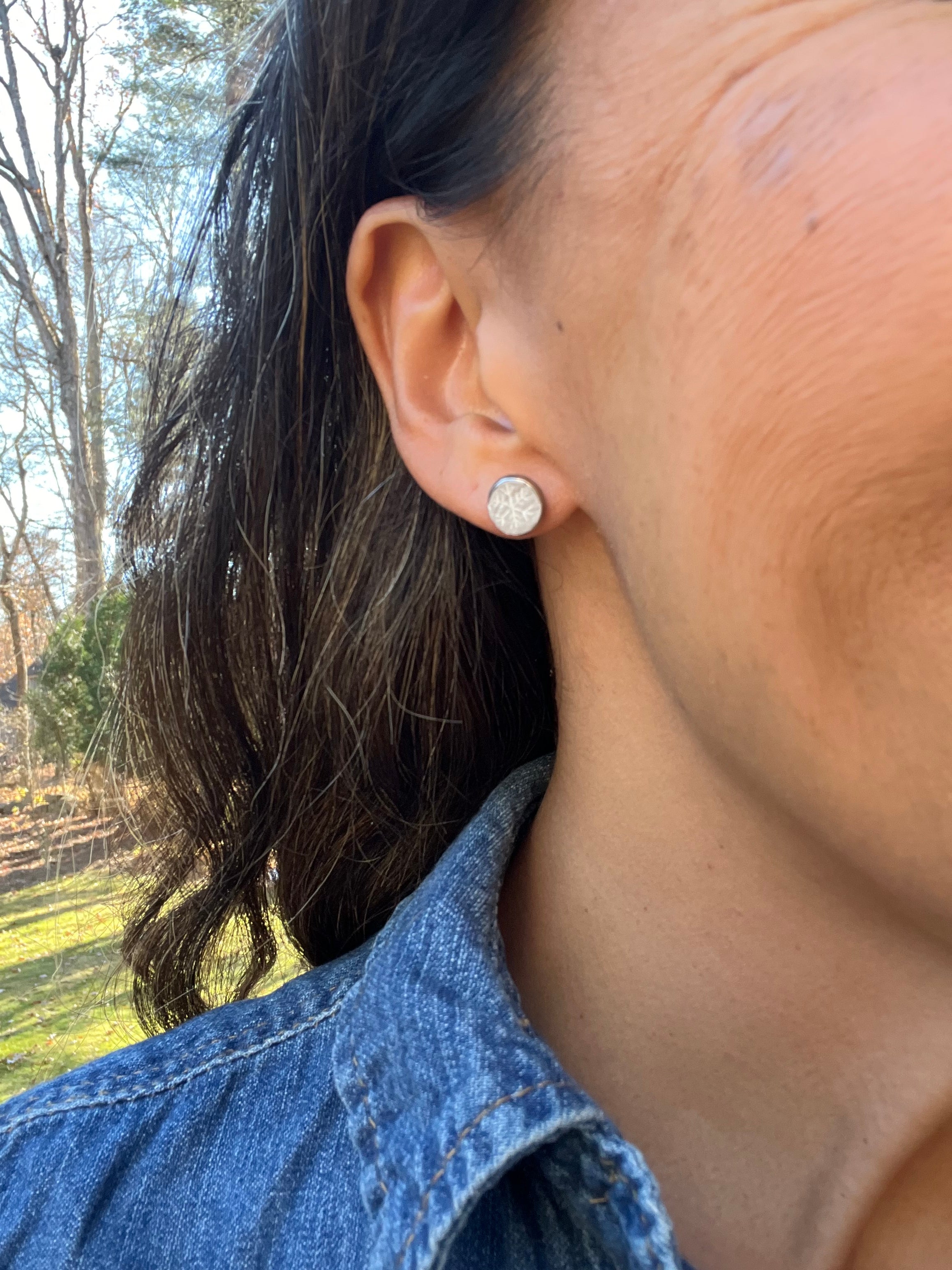 Small Grey and White Snowflake Stud Earrings