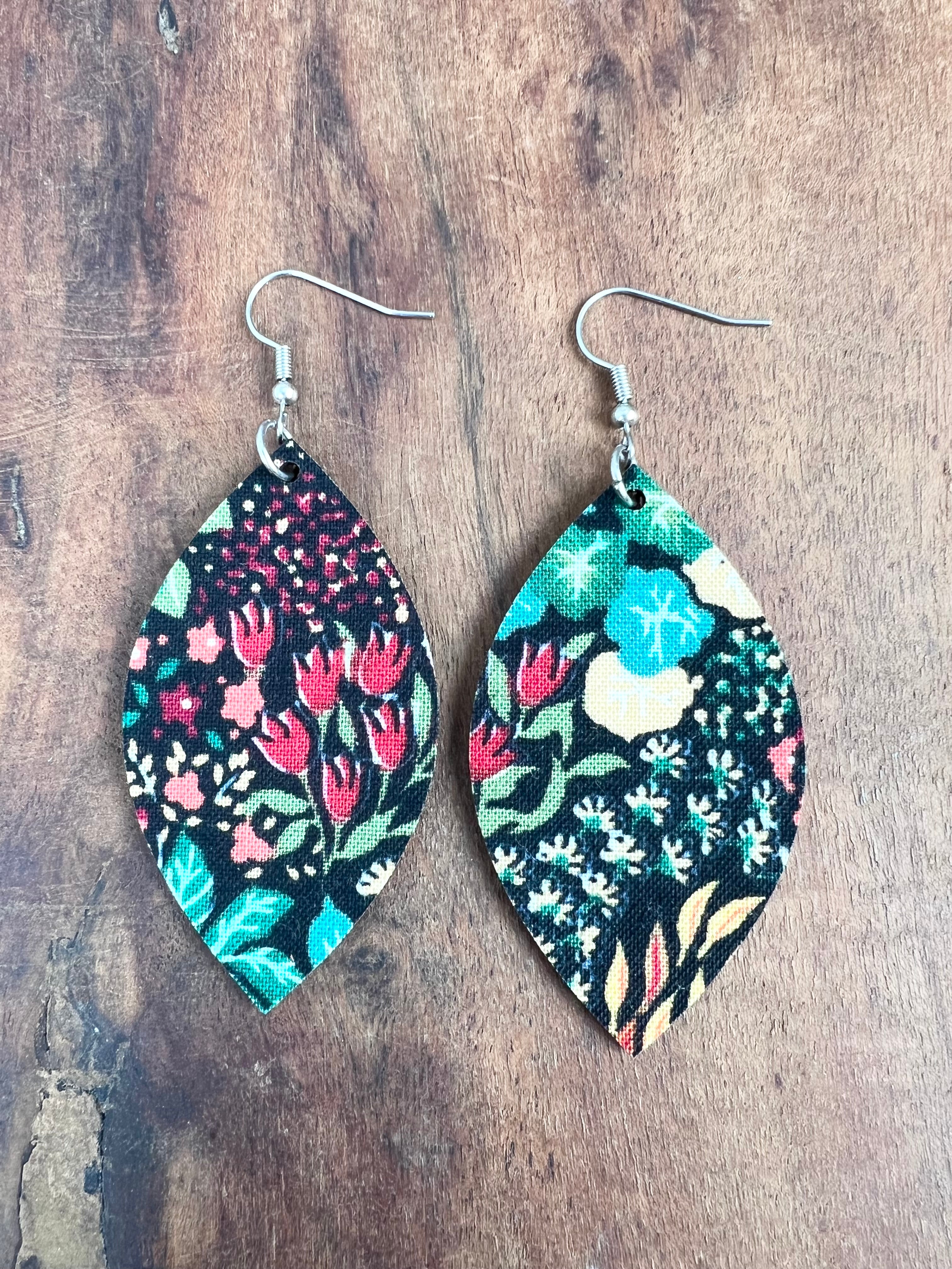 Upcycled Black Background Floral Leaf Earrings