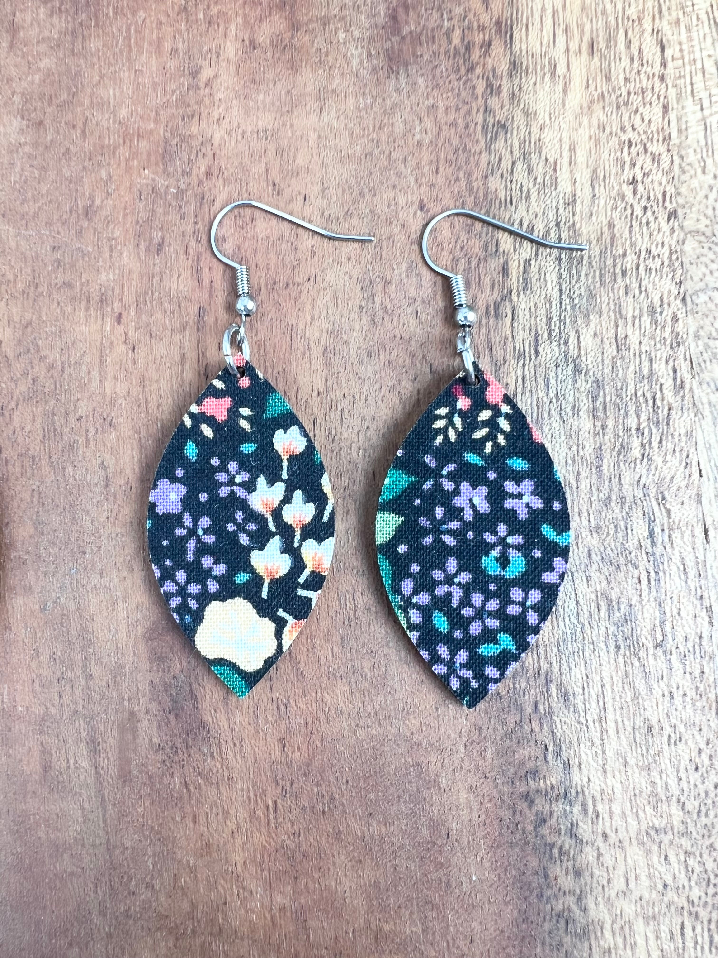 Upcycled Black Background Floral Leaf Earrings