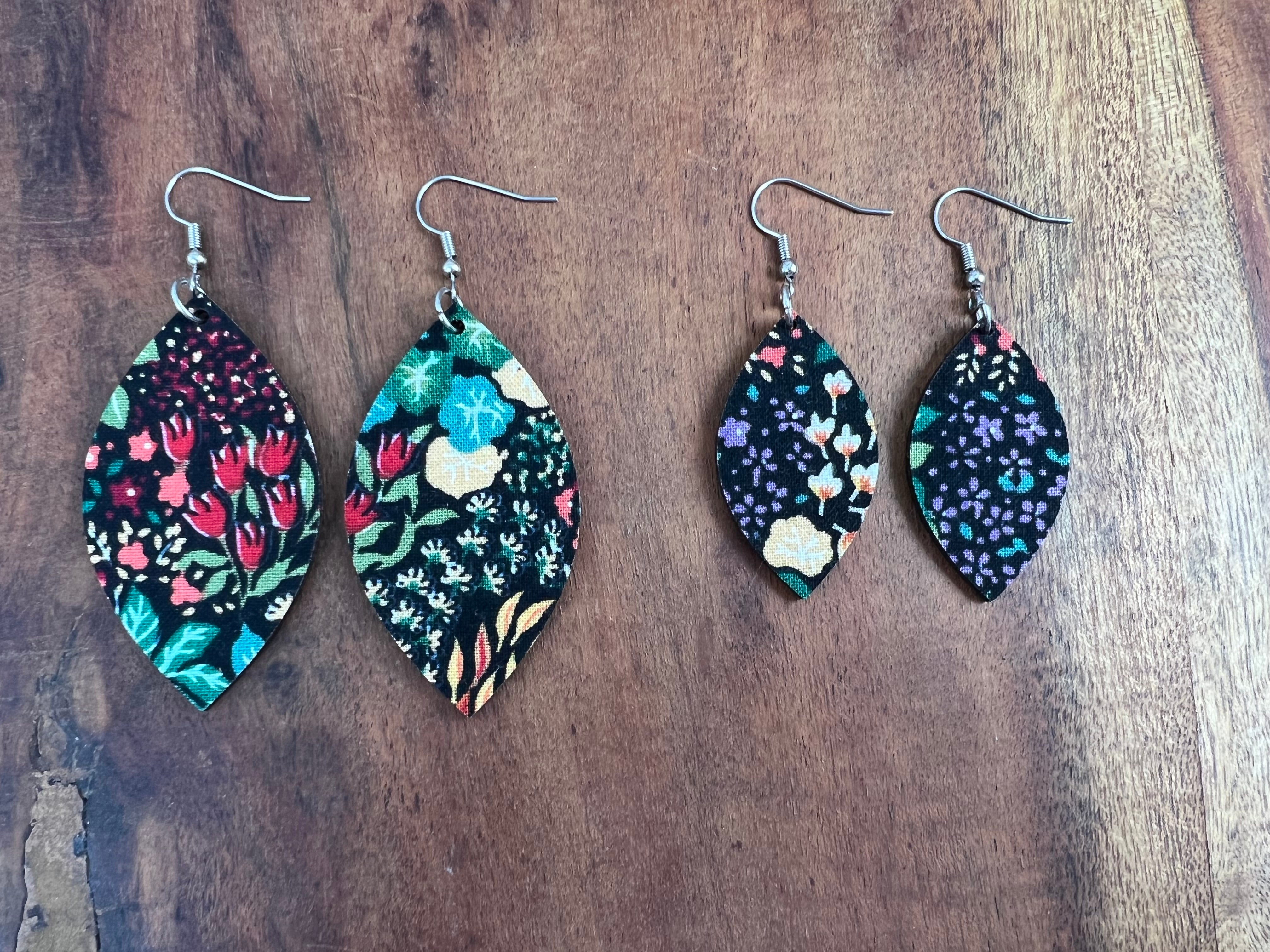 Upcycled Black Background Floral Leaf Earrings