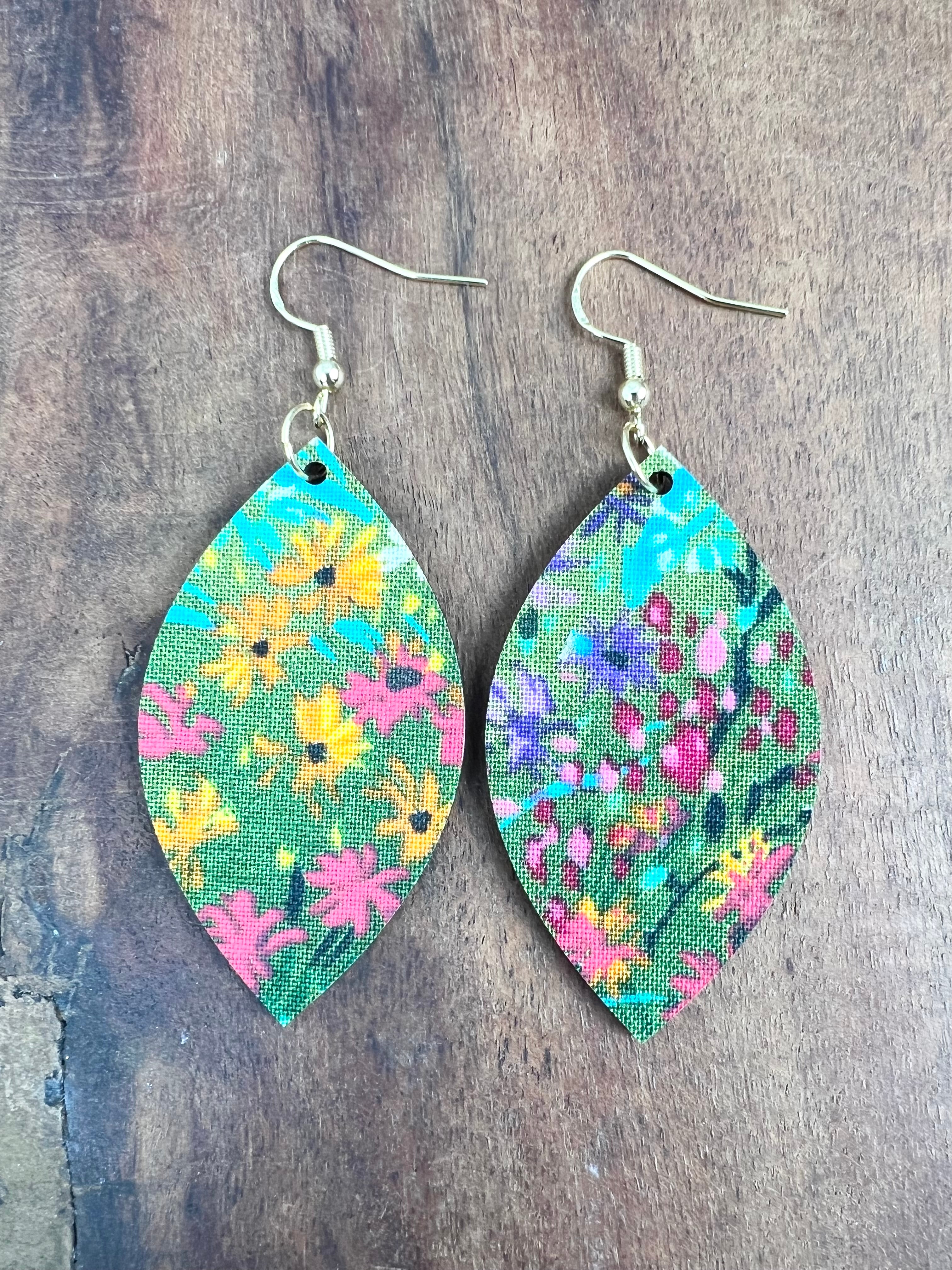 Upcycled Green Background Floral Leaf Earrings