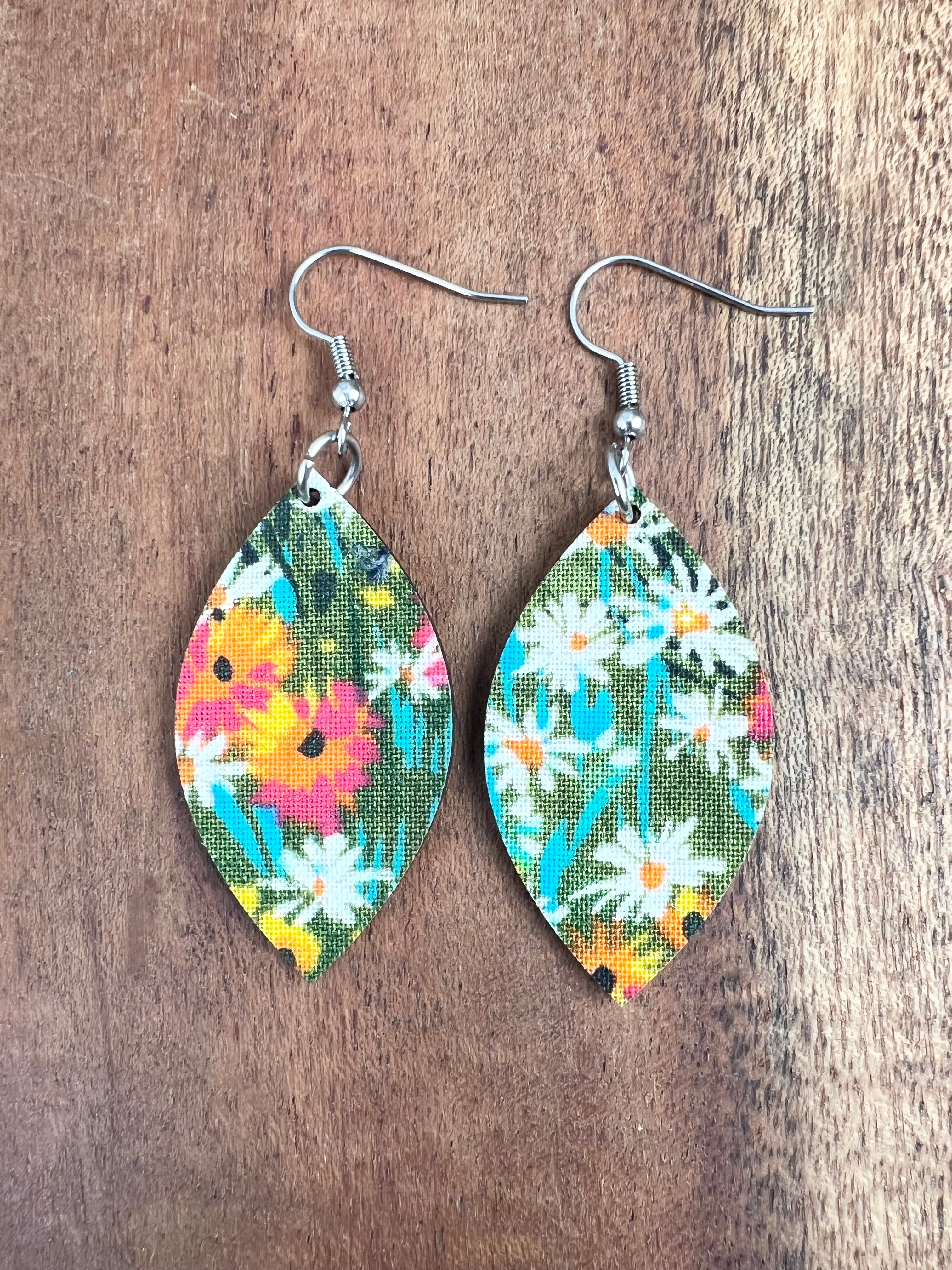 Upcycled Green Background Floral Leaf Earrings