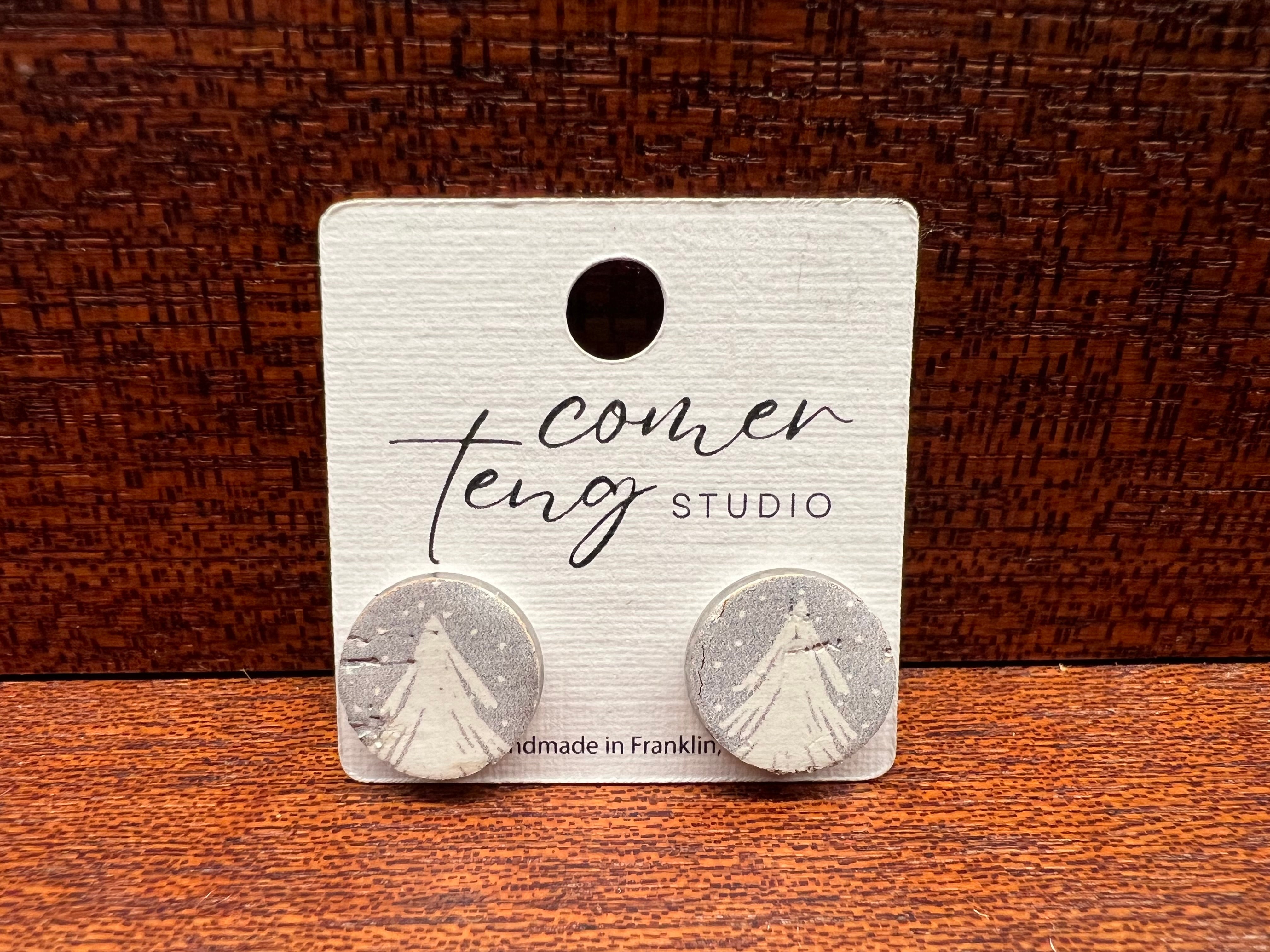 Large Light Grey Stud Earrings with White Pine Tree