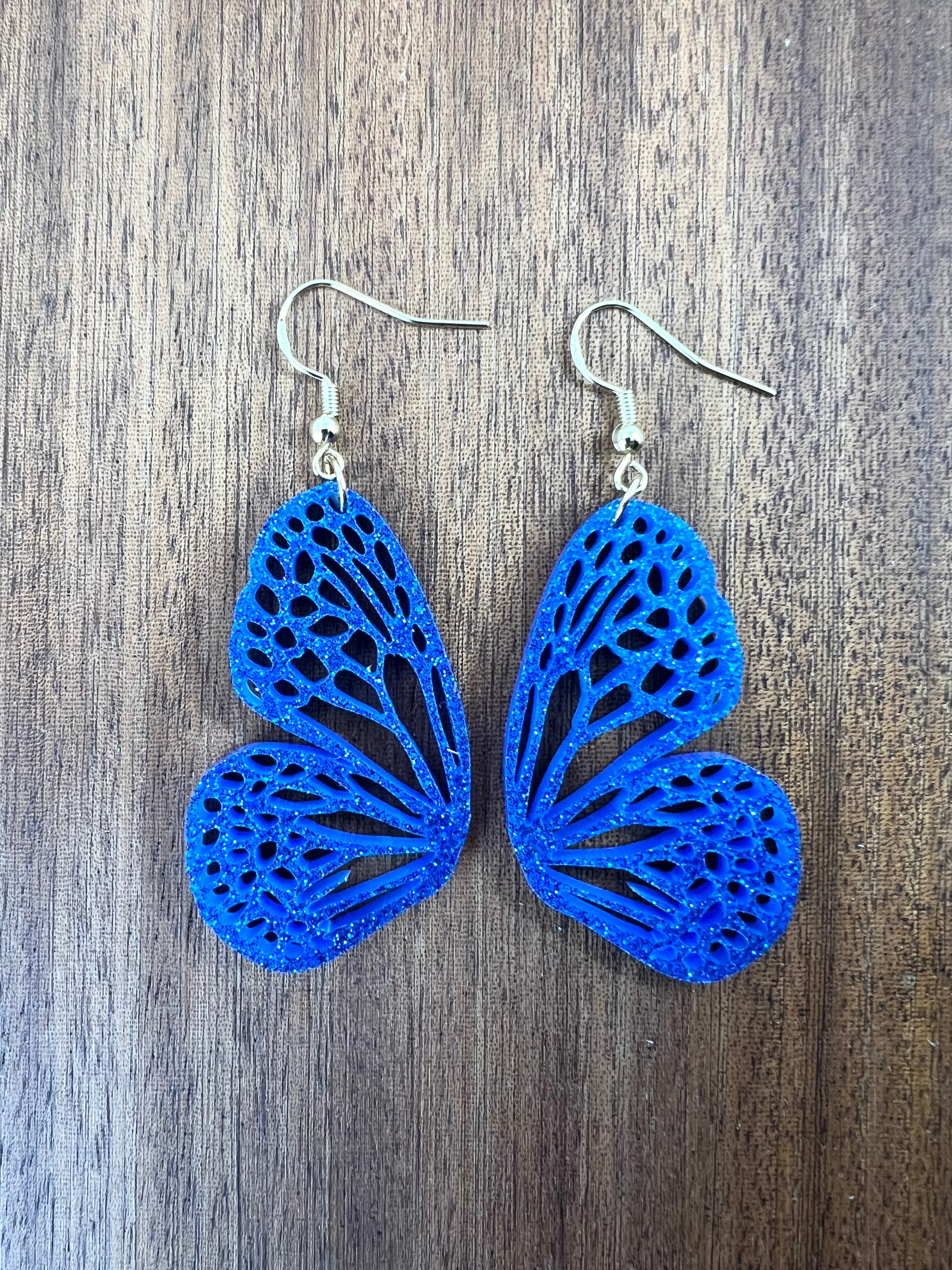 Royal Blue Sparkle Acrylic Butterfly Wing Earrings