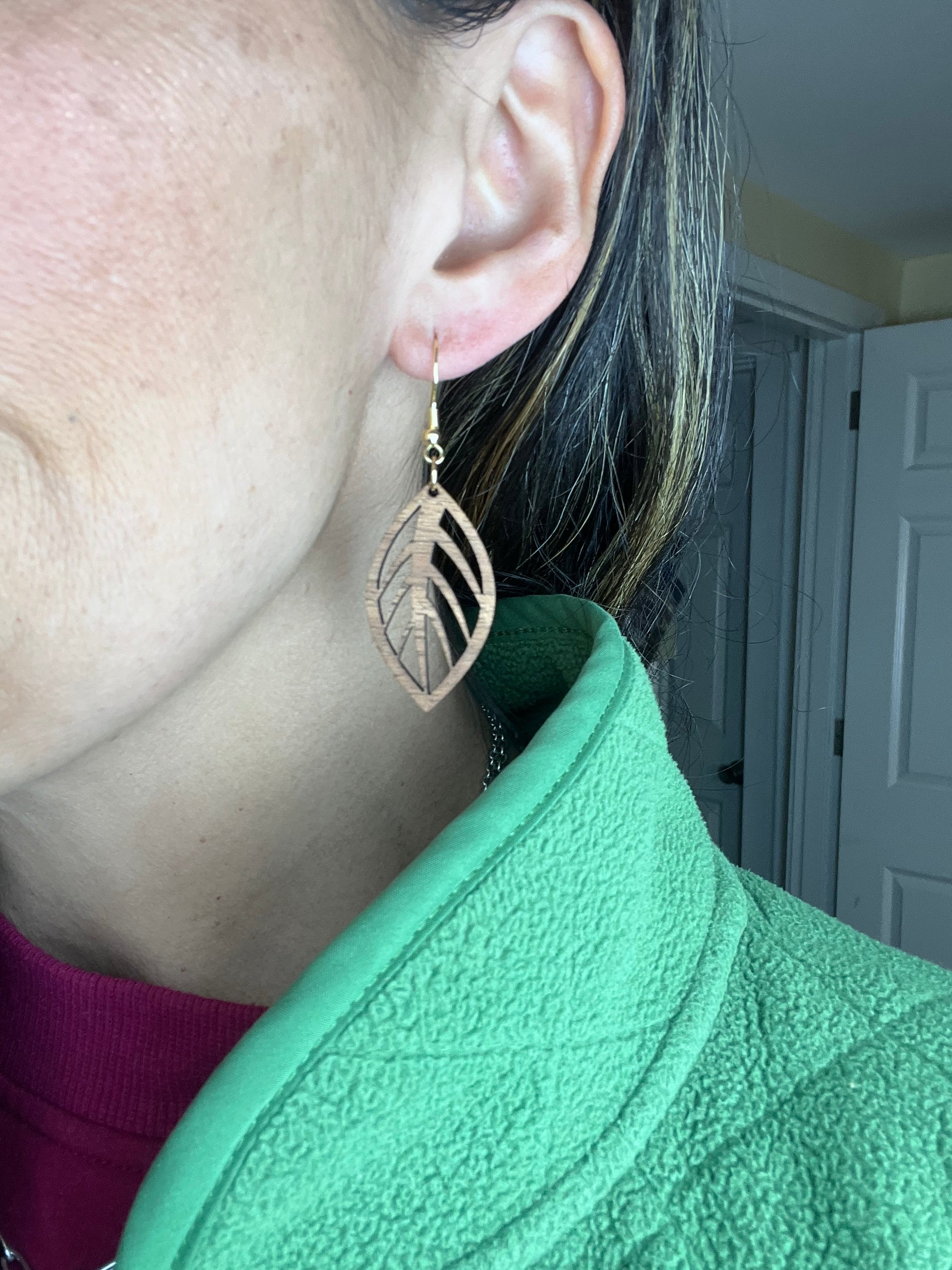 Mini Wood Cut Out Leaf Earrings