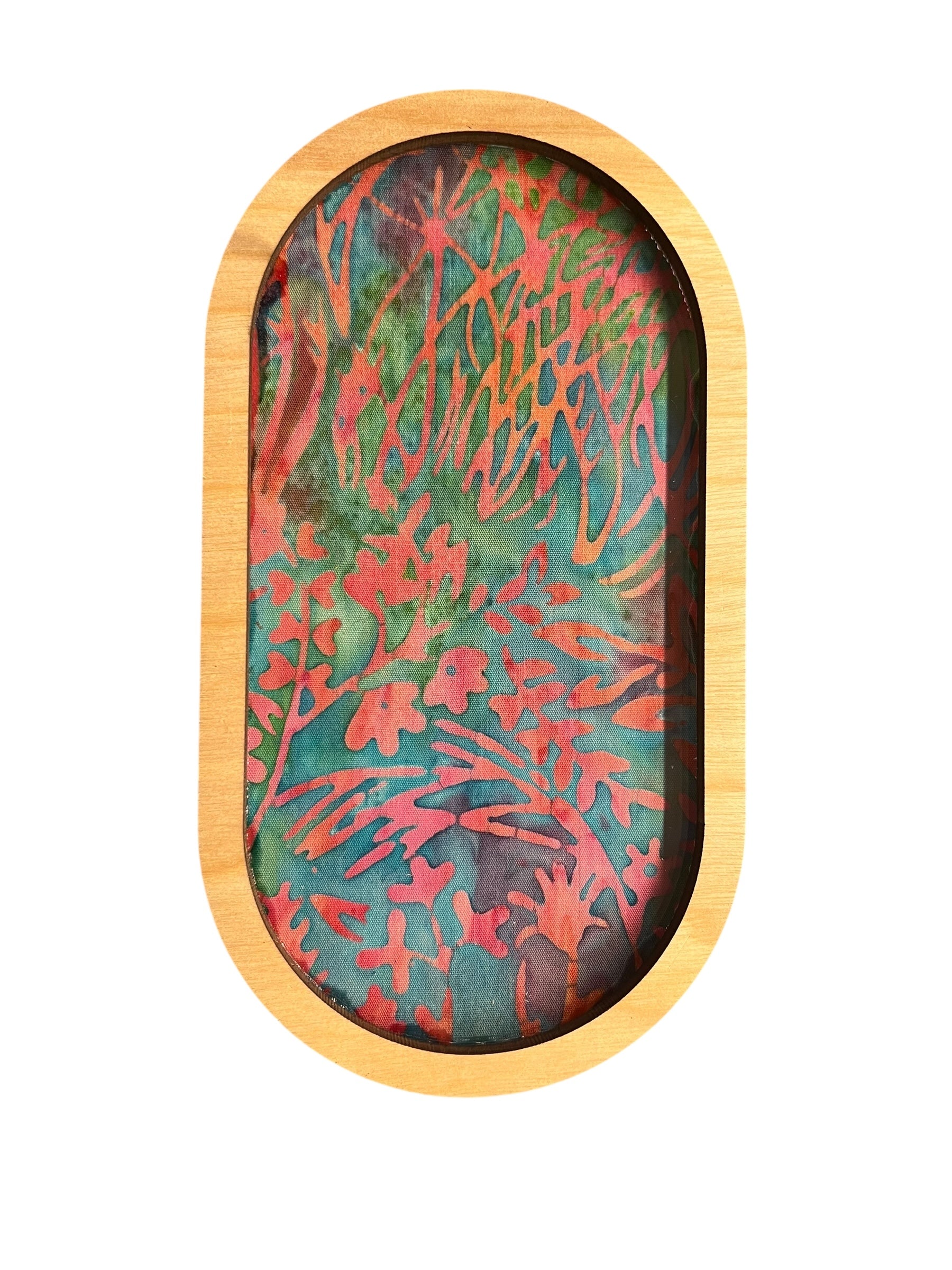 Decorative art tray with a colorful abstract design inside a wooden frame on a white background