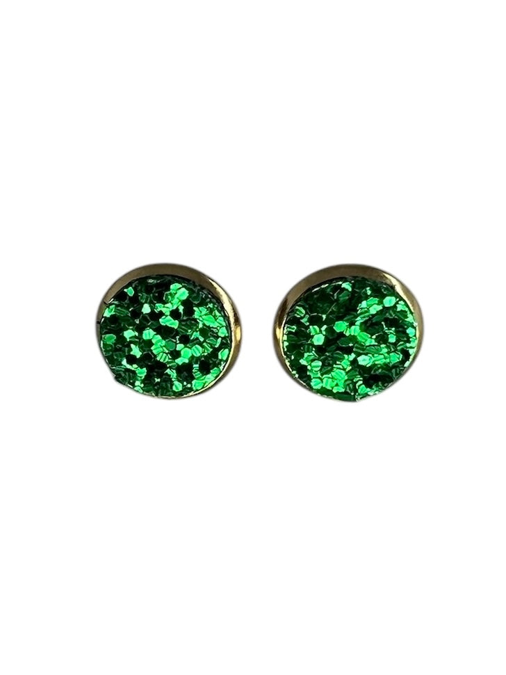 Gold Large Green Sparkle Stud Earrings