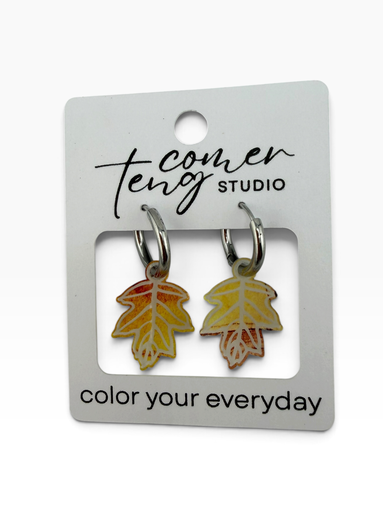 Etched Oak Leaf Charm Hoop Earrings