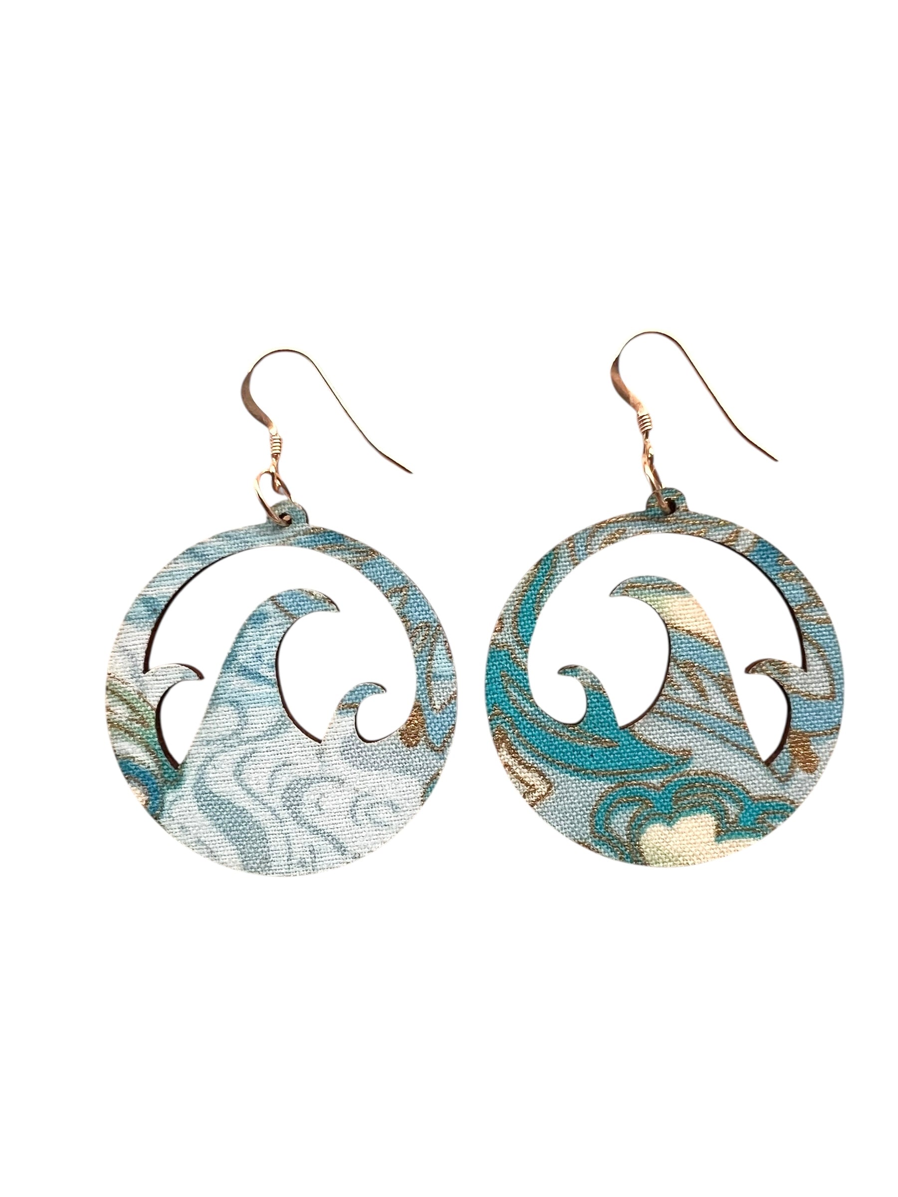 Pair of earrings with wave design on a white background
