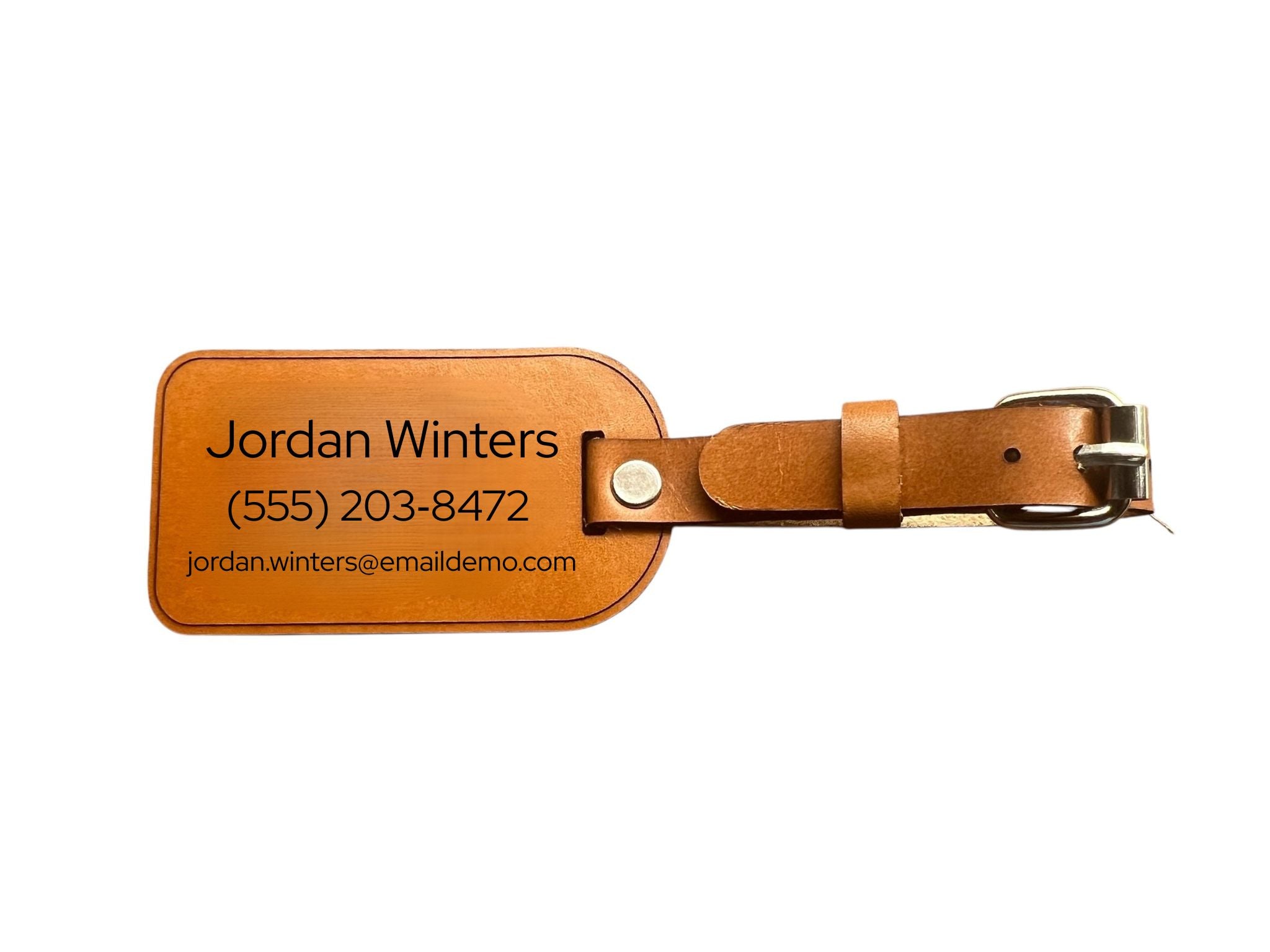Brown leather luggage tag with text on a white background