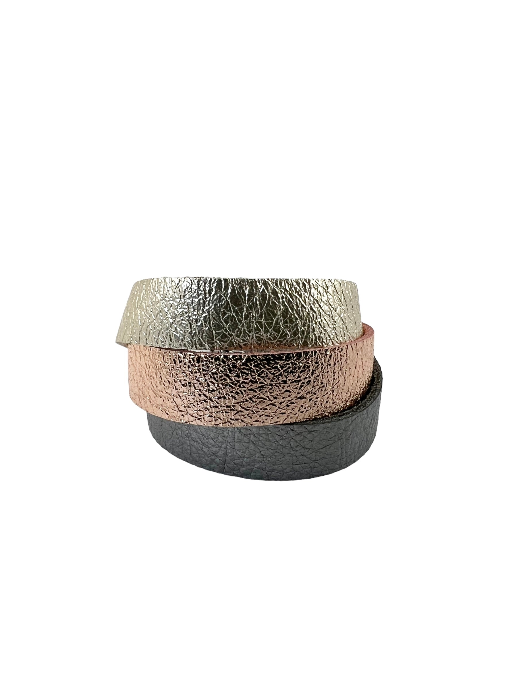 Three Strand Original Leather Bracelet in Champagne, Rose Gold and Metallic Grey