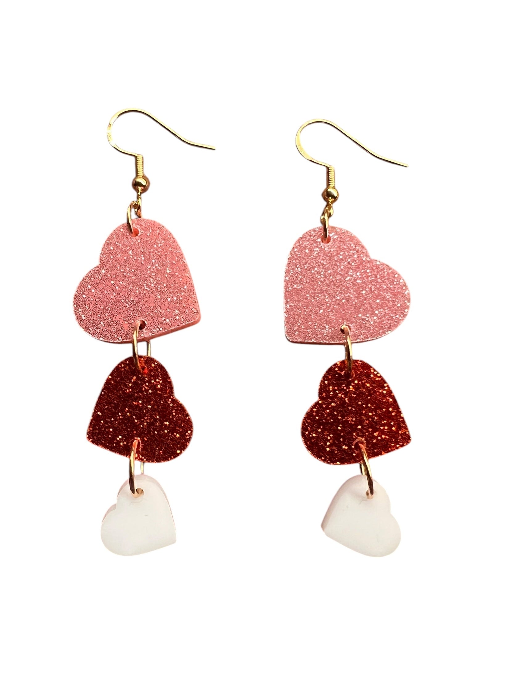 Acrylic Heart Trio Earrings – Sparkle Pink, Red & White