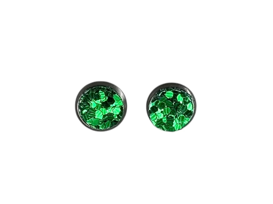 Stainless Steel Small Green Sparkle Stud Earrings