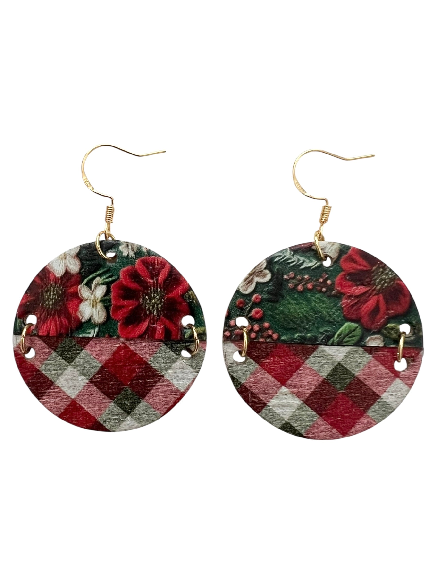 Plaid and Floral Sliced Confetti Dot Pine Tree Earrings