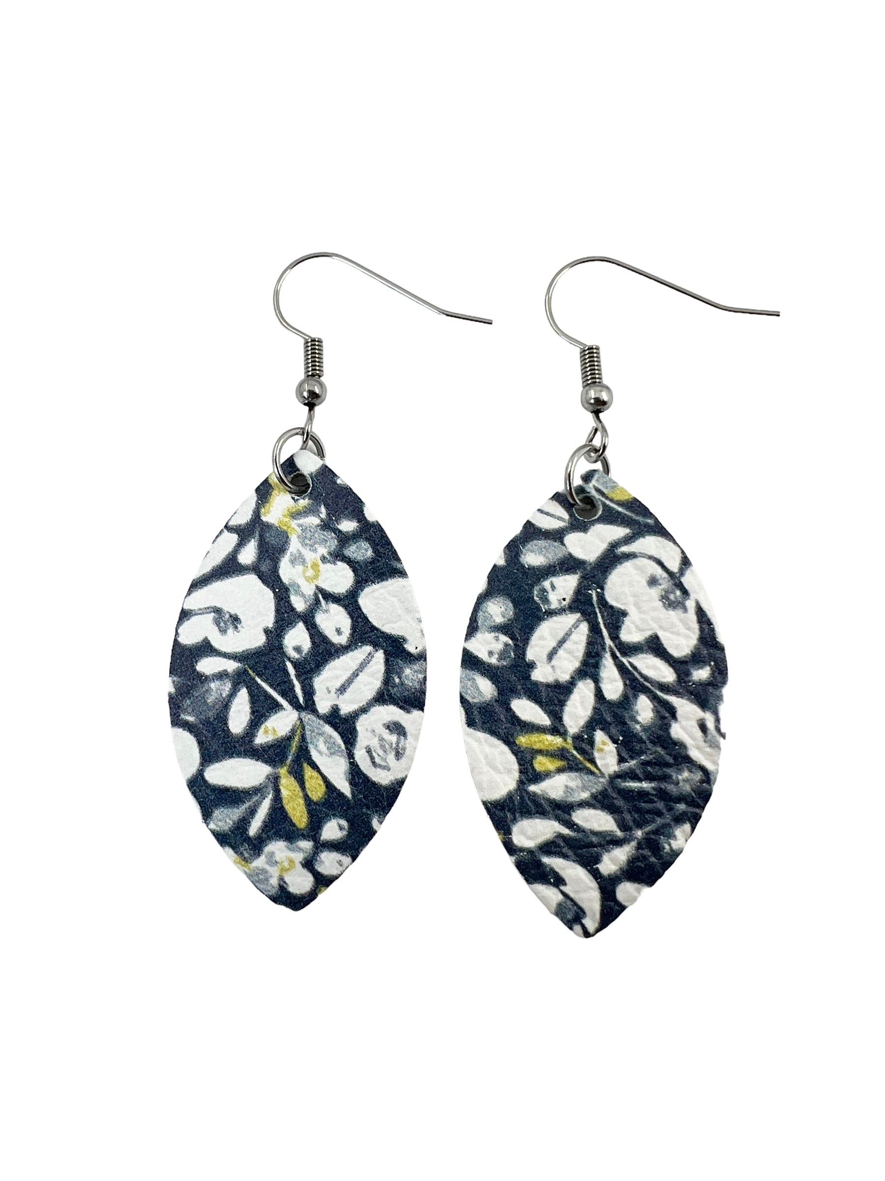 Navy and White Floral Leaf Earrings