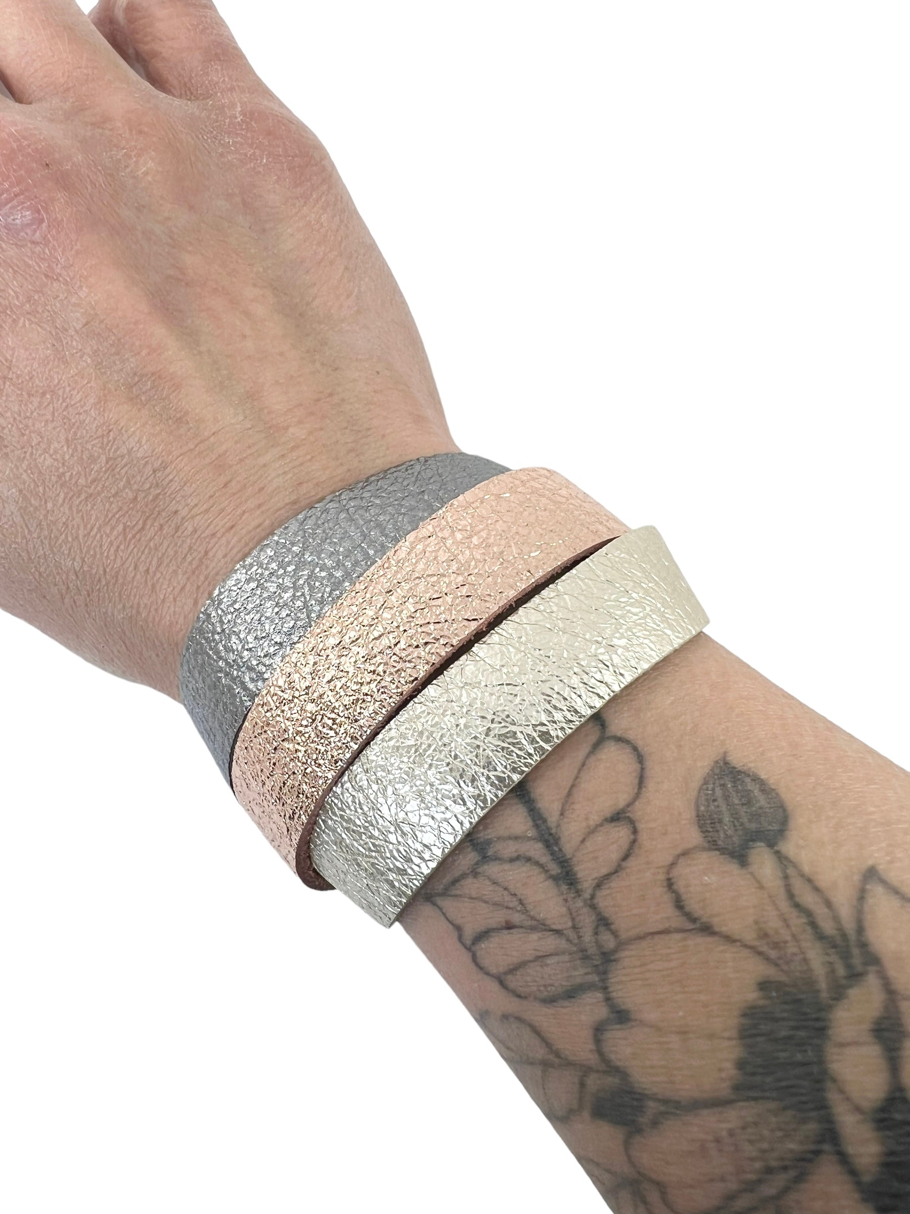 Three Strand Original Leather Bracelet in Champagne, Rose Gold and Metallic Grey