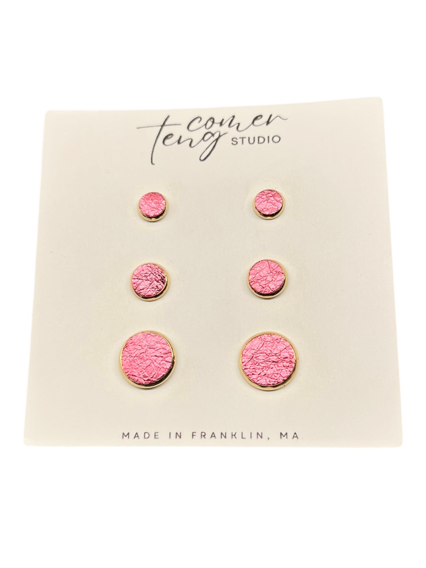 Metallic Pink Leather Stud Earrings