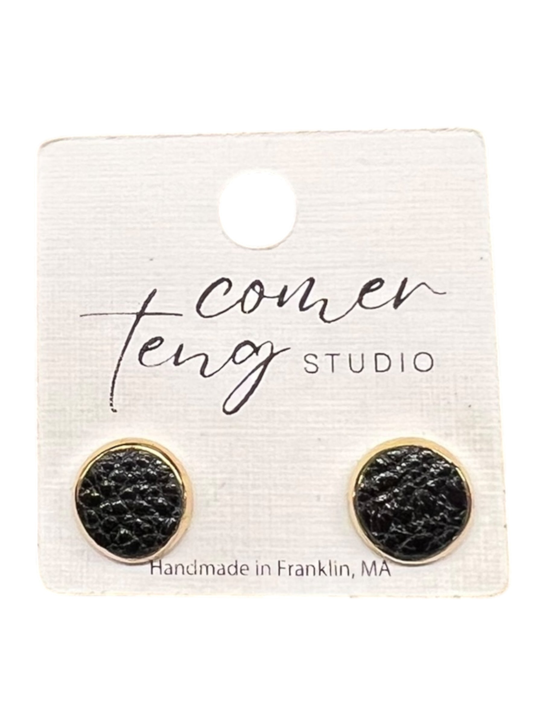 Metallic Black Leather Stud Earrings
