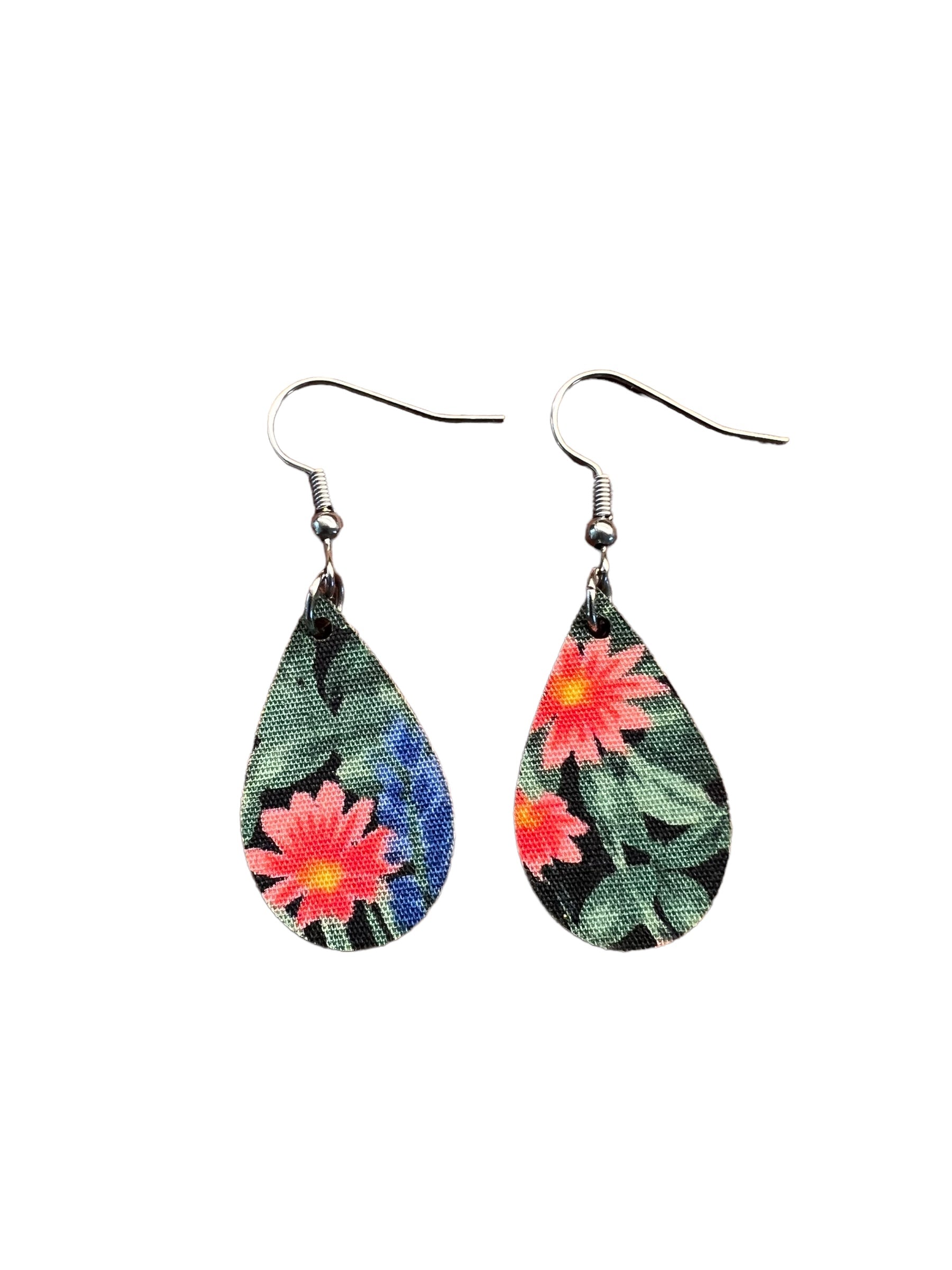 Upcycled Blue and Red Floral Mini Teardrop Earrings